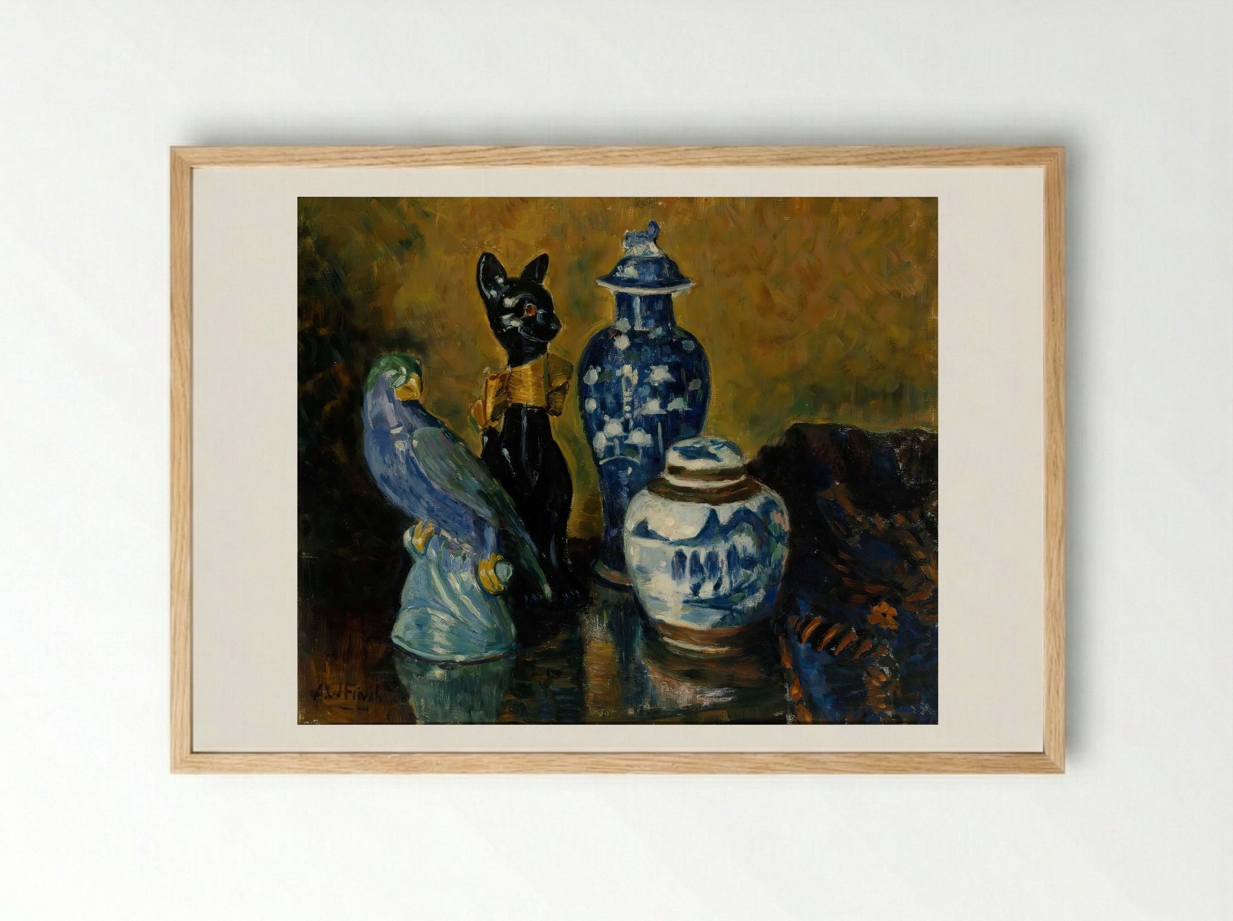 Still Life with Blue Figurines - Alfred William Finch - Framed Print Wood