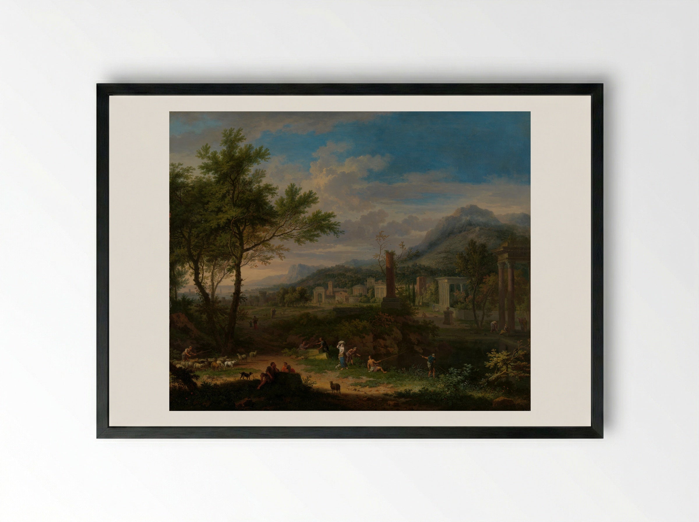 Arcadian Landscape with Fishermen - Jan van Huysum - Framed Print Black