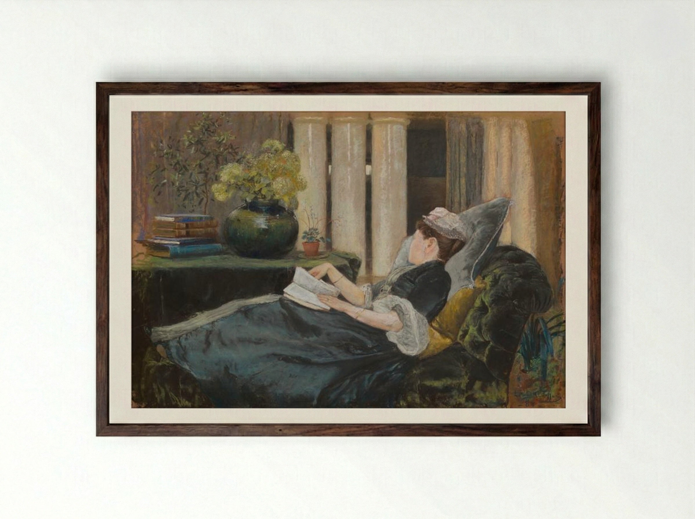 Louise Tiffany, Reading - Louis Comfort Tiffany - Framed Print Dark Wood