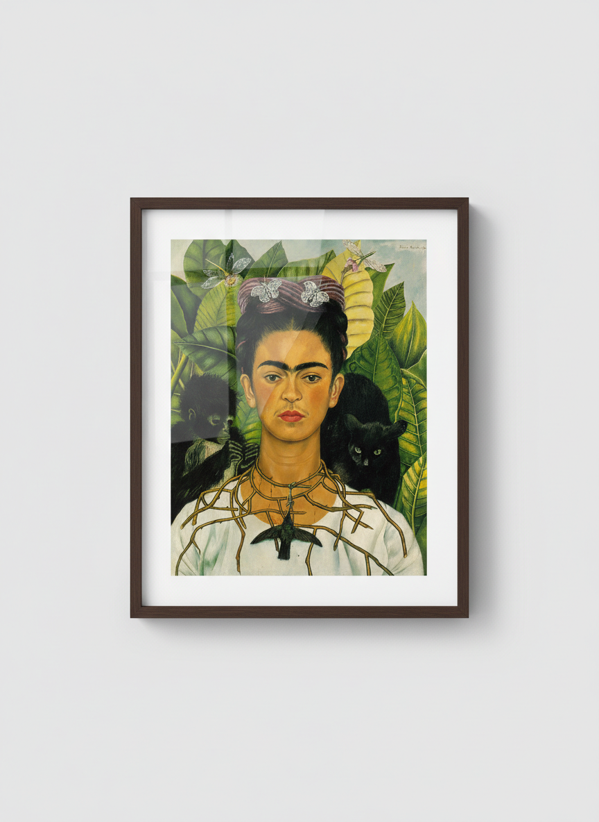 Self-Portrait with Thorn Necklace and Hummingbird - Frida Kahlo - Framed Print Dark Wood