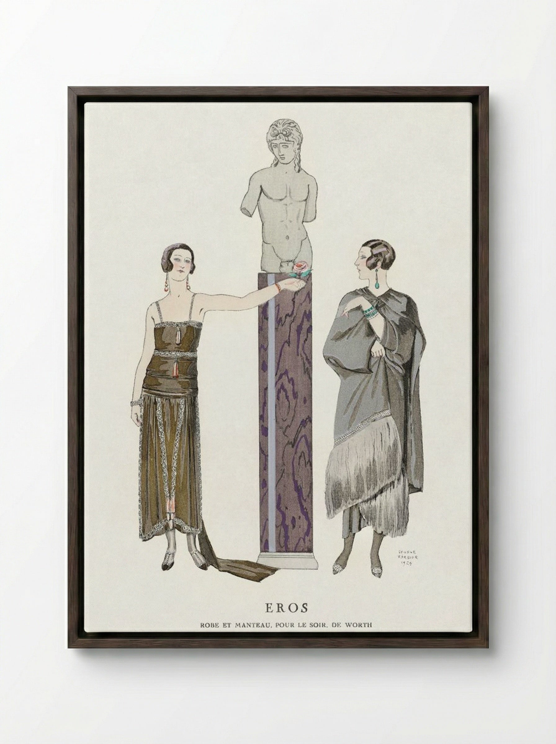 Eros: Robe et Manteau pour le Soir, de Worth - George Barbier - Framed Canvas Dark Wood