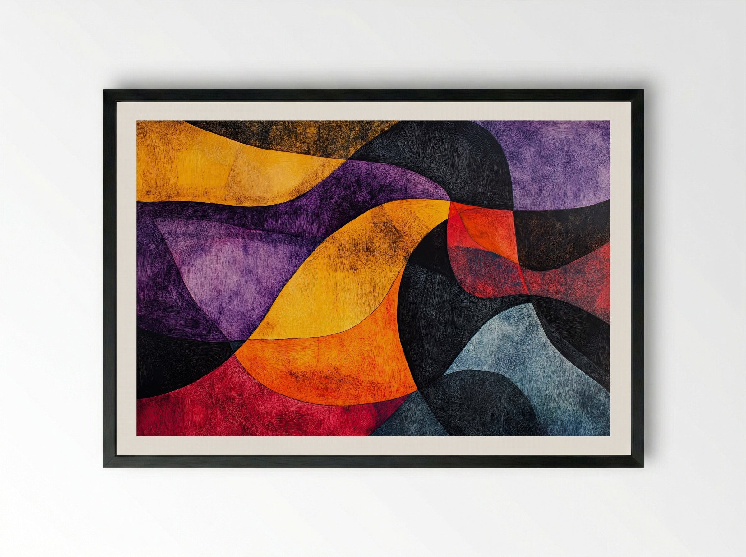 Molten Rhythm – Bold Abstract Waves in Crimson, Violet and Gold - Framed Print Black