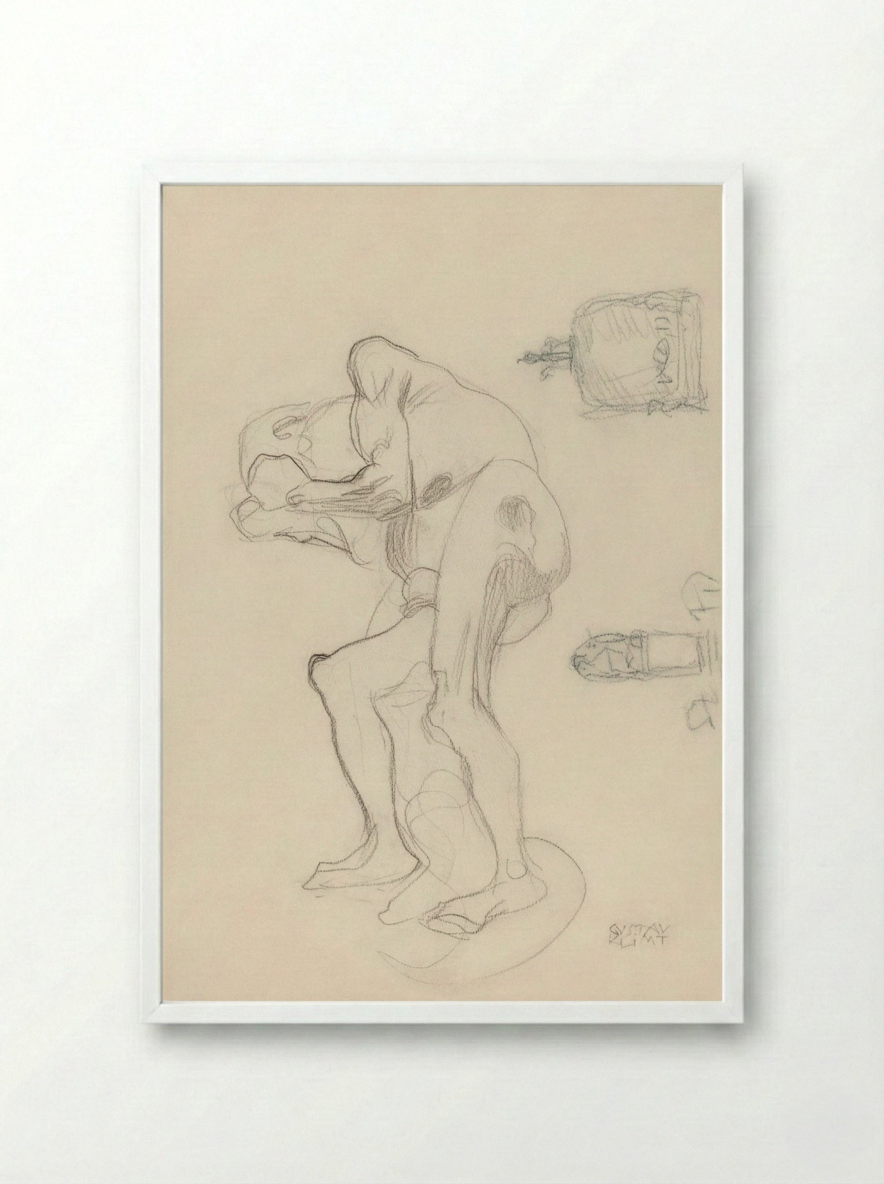 Study of a Nude Old Woman Clenching Her Fists and Two Decorative Objects - Gustav Klimt - Framed Print White