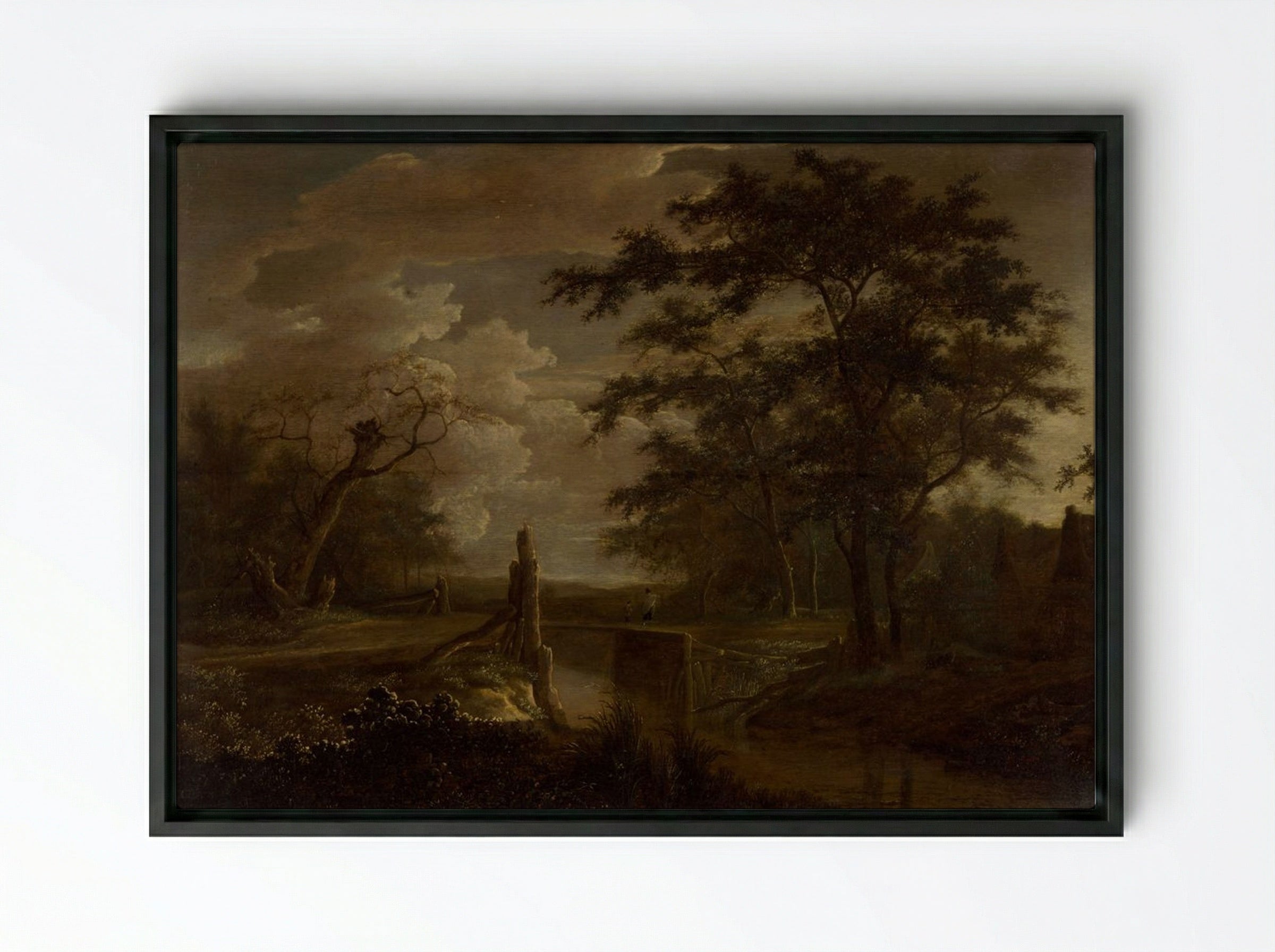 Landscape with River and Bridge - Jacob van Ruisdael - Framed Canvas Black
