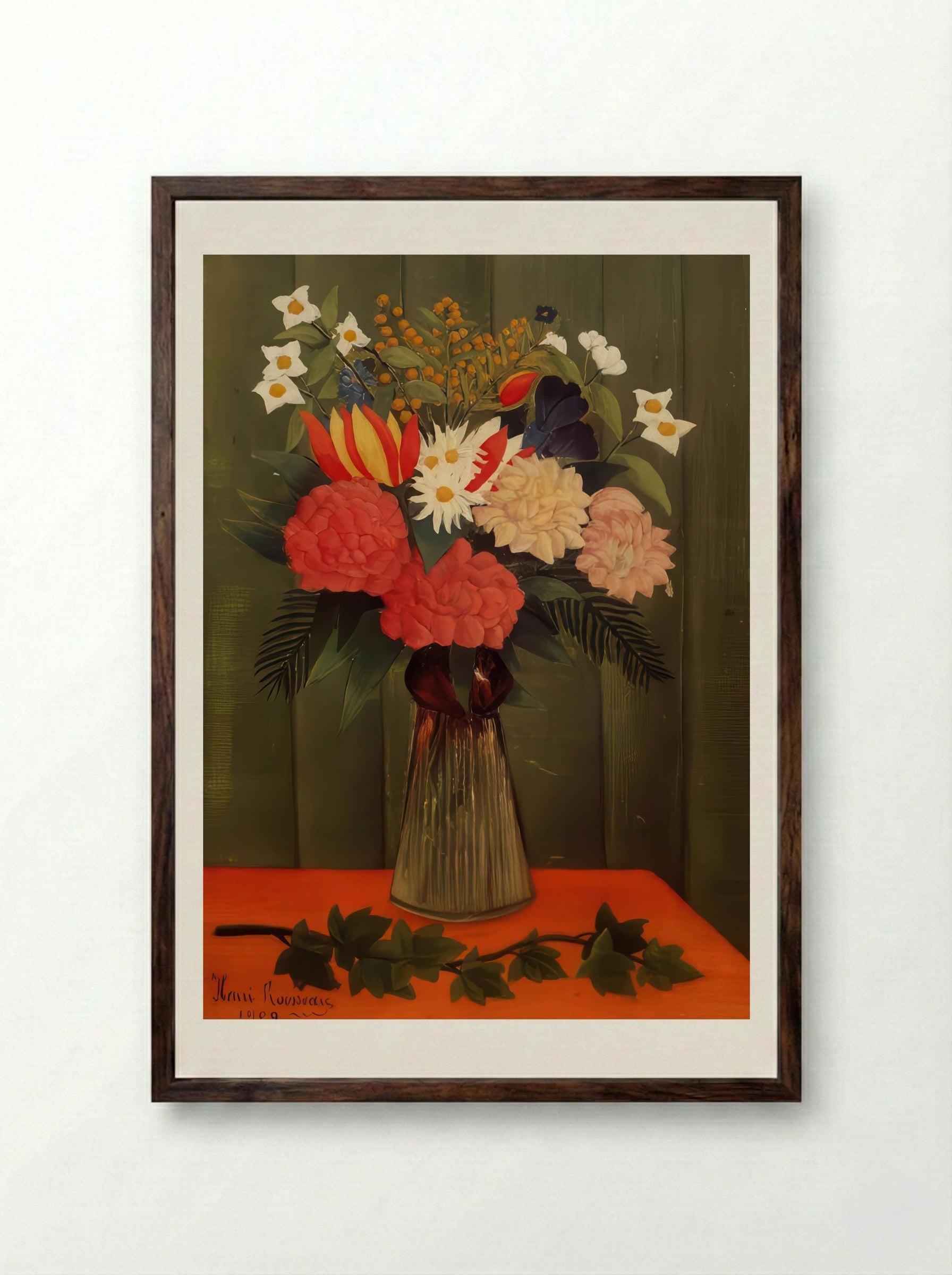 Bouquet of Flowers with Ivy Branch by Henri Rousseau – Vintage Botanical Still Life Print - Framed Print Dark Wood