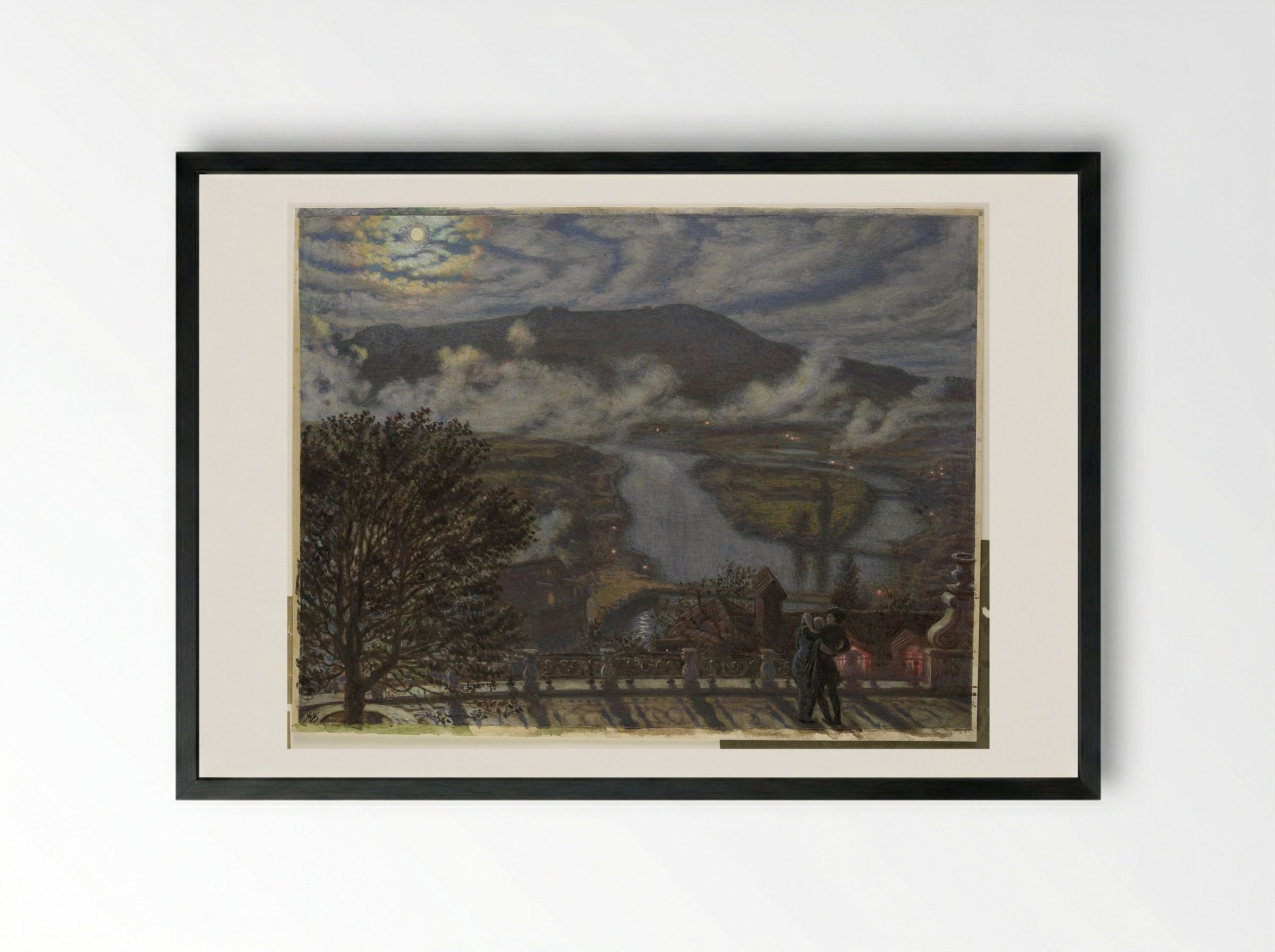 Gezicht vanaf terras op rivierlandschap bij nacht - William Holman Hunt - Framed Print Black
