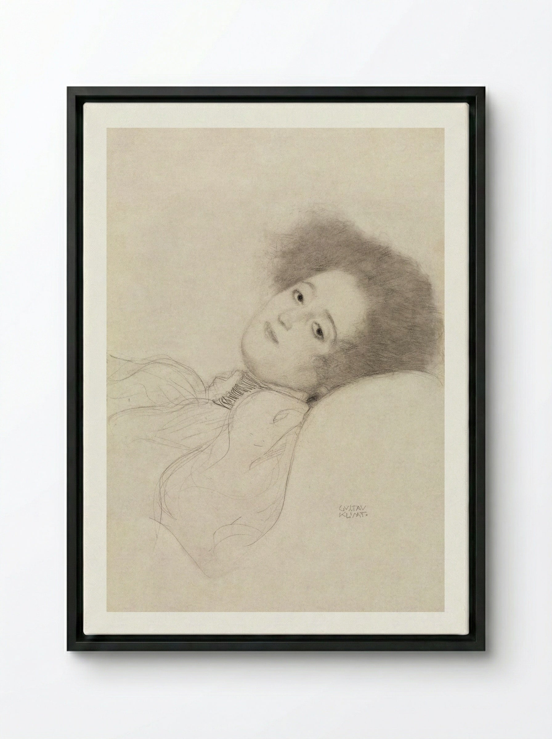 Portrait of a Young Woman Reclining - Gustav Klimt - Framed Canvas Black