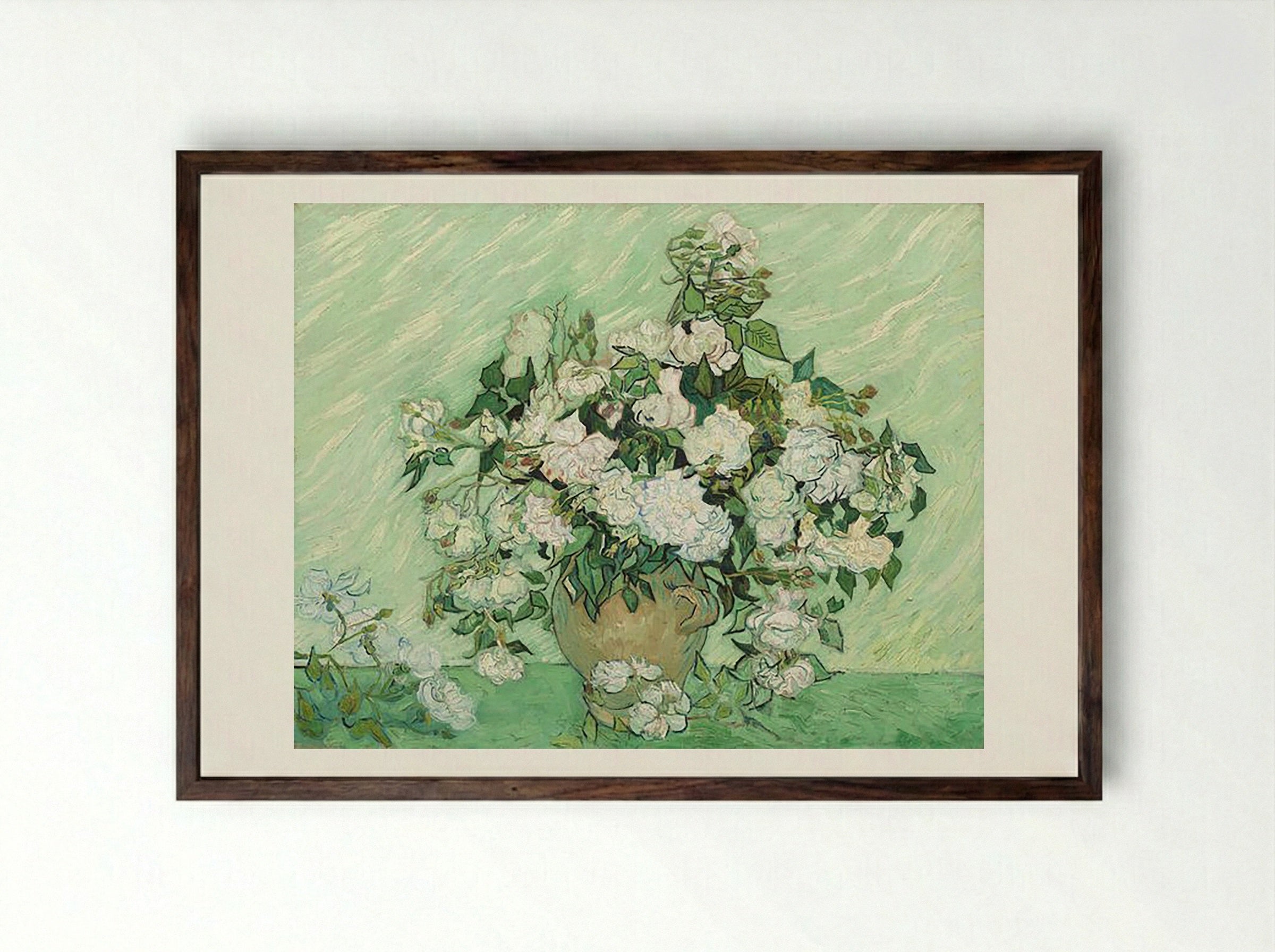 Vase with Pink Roses - Vincent van Gogh - Framed Print Dark Wood