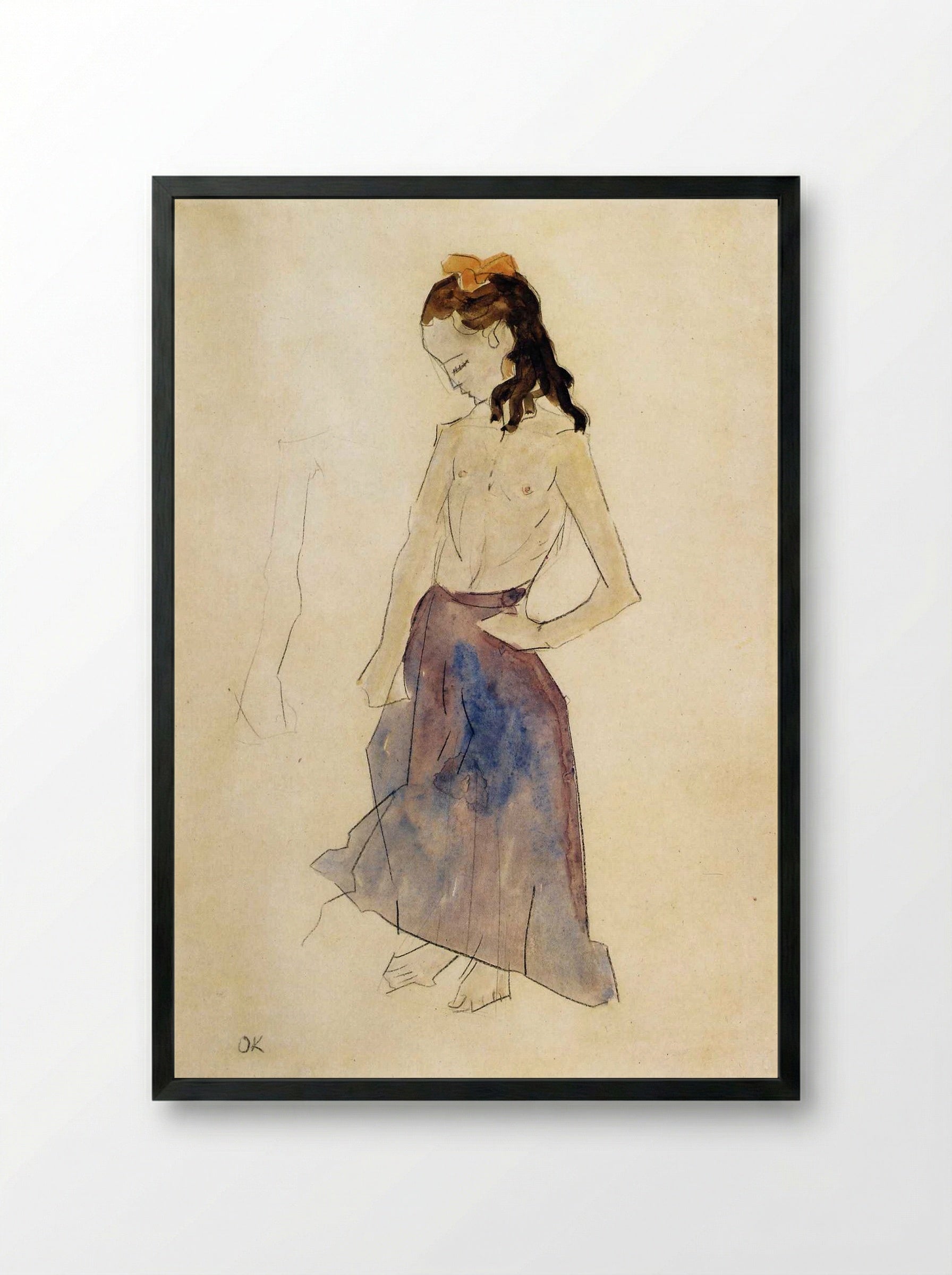 Girl with a Yellow Headband - Egon Schiele - Framed Print Black