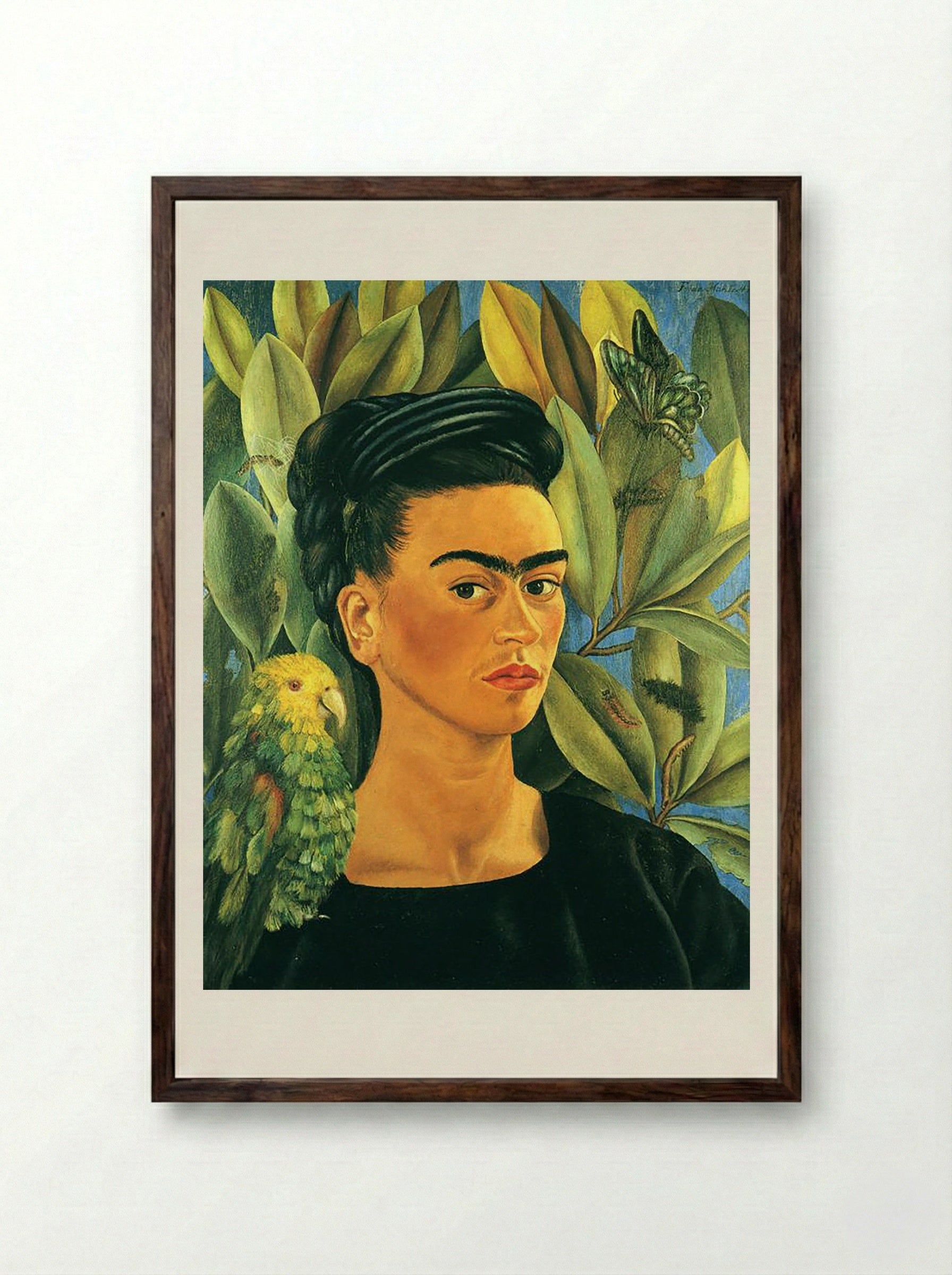 Self-Portrait with Bonito - Frida Kahlo - Framed Print Dark Wood