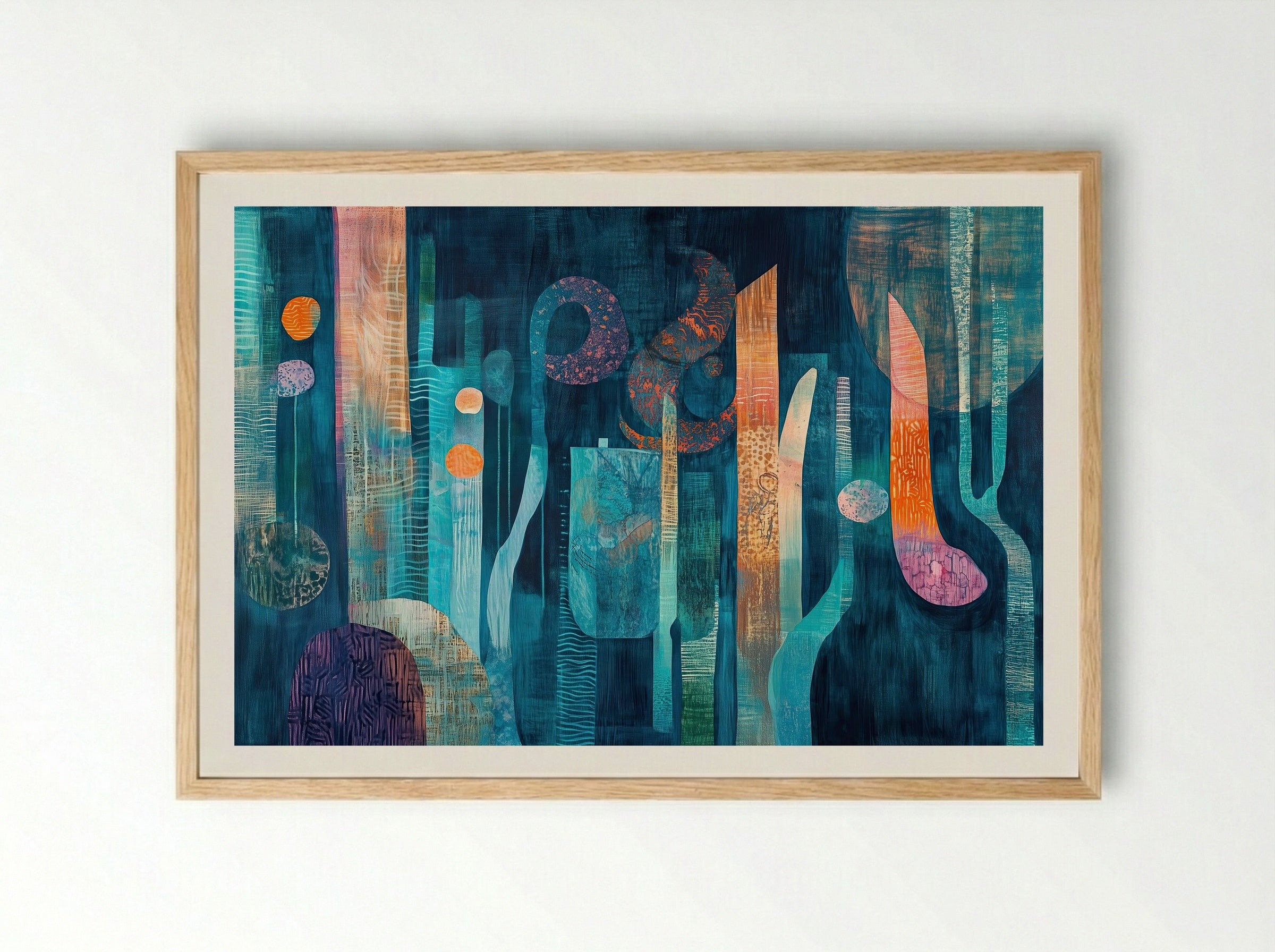 Deep Grove – Abstract Forest in Teal and Tangerine - Framed Print Wood