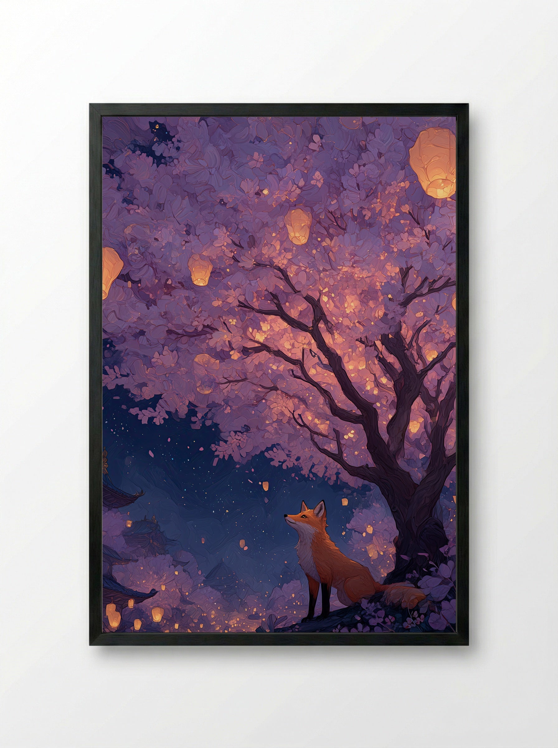 Fox Under Lantern Blossom – Dreamy Sakura Tree Art Print - Framed Print Black