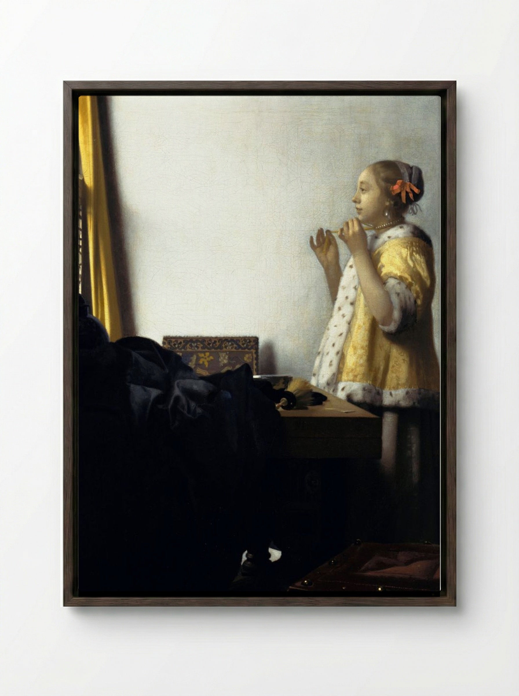 Young Woman with a Pearl Necklace - Johannes Vermeer - Framed Canvas Dark Wood