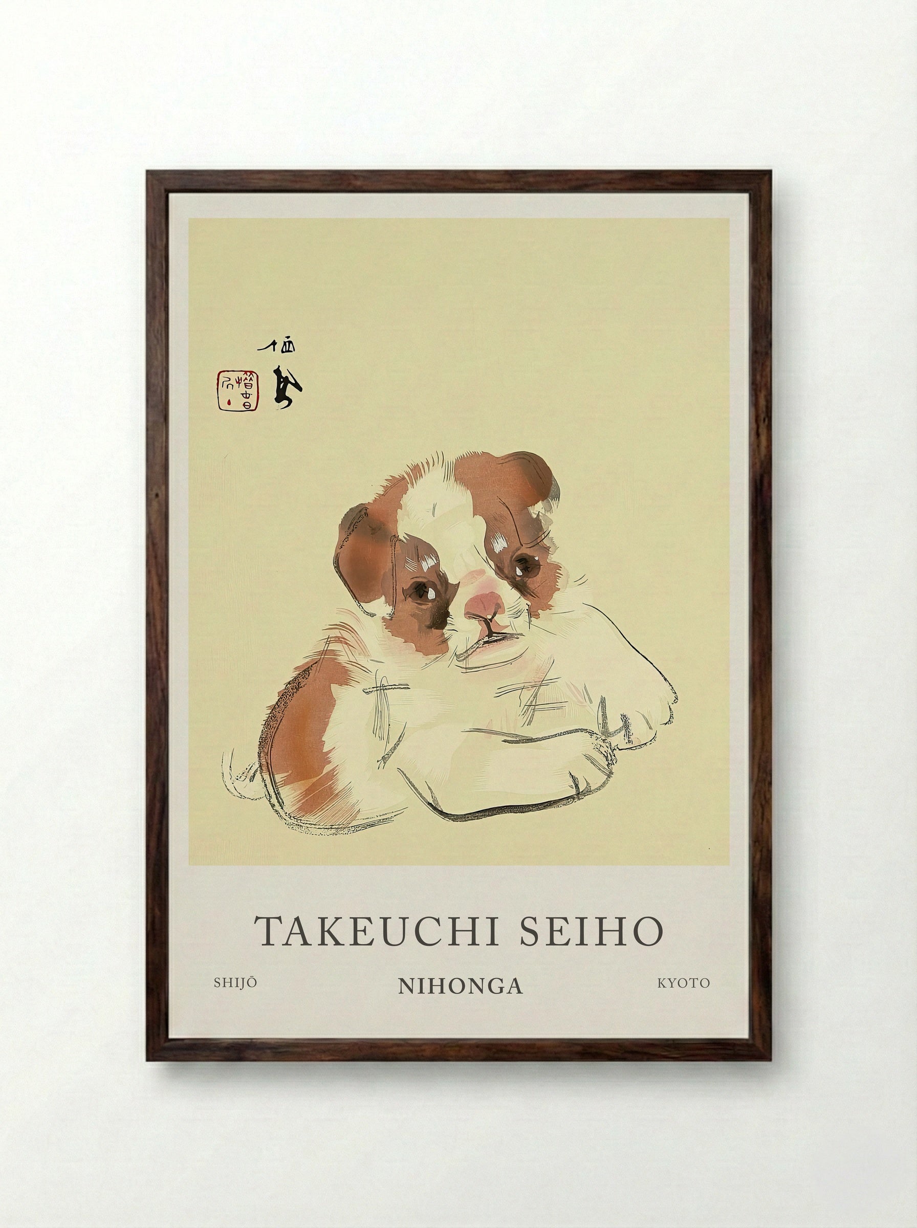 Takeuchi Seiho “Playful Pup” - Framed Print Dark Wood