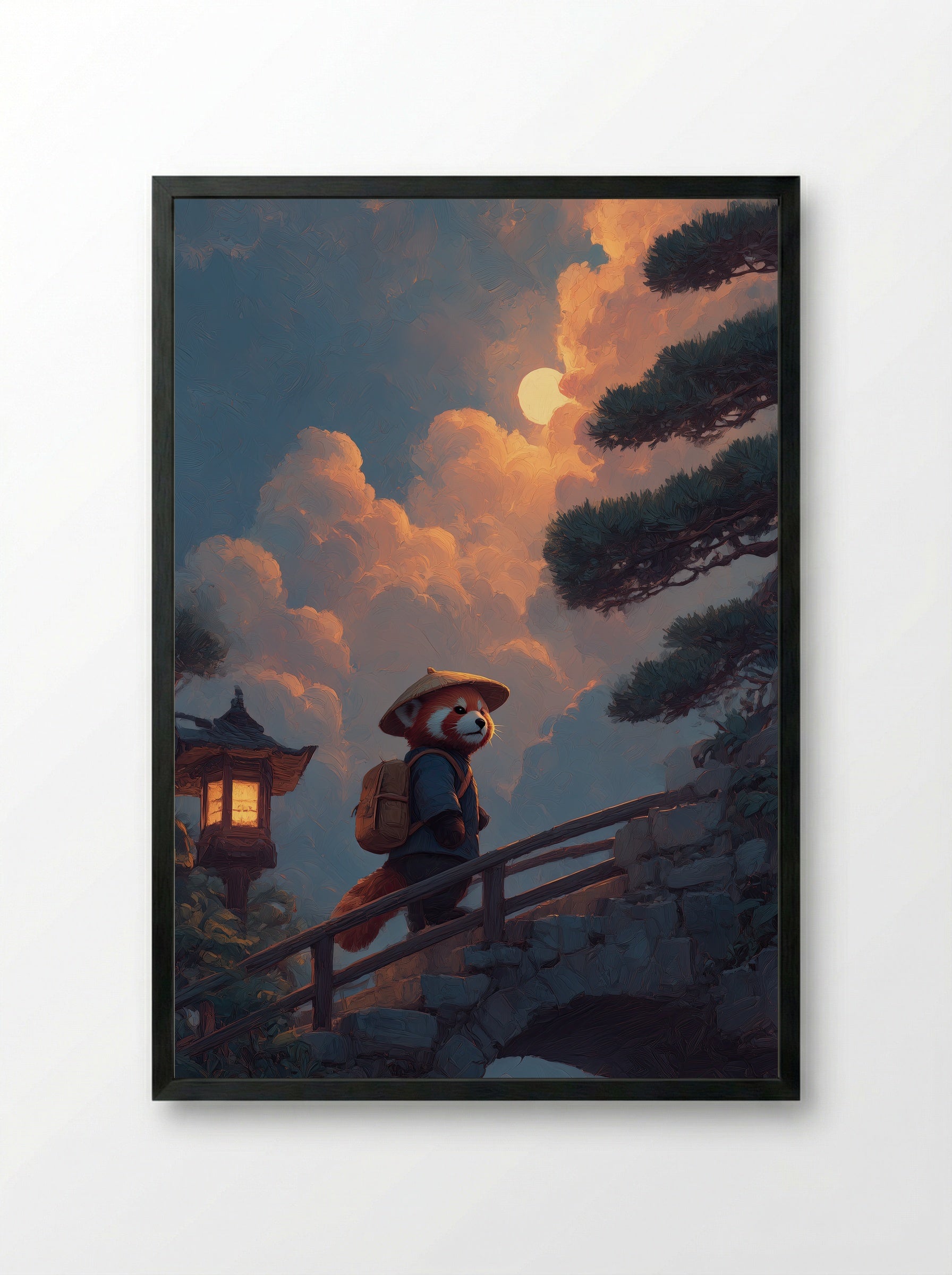 Evening Journey – Red Panda Lantern Walk Art Print - Framed Print Black