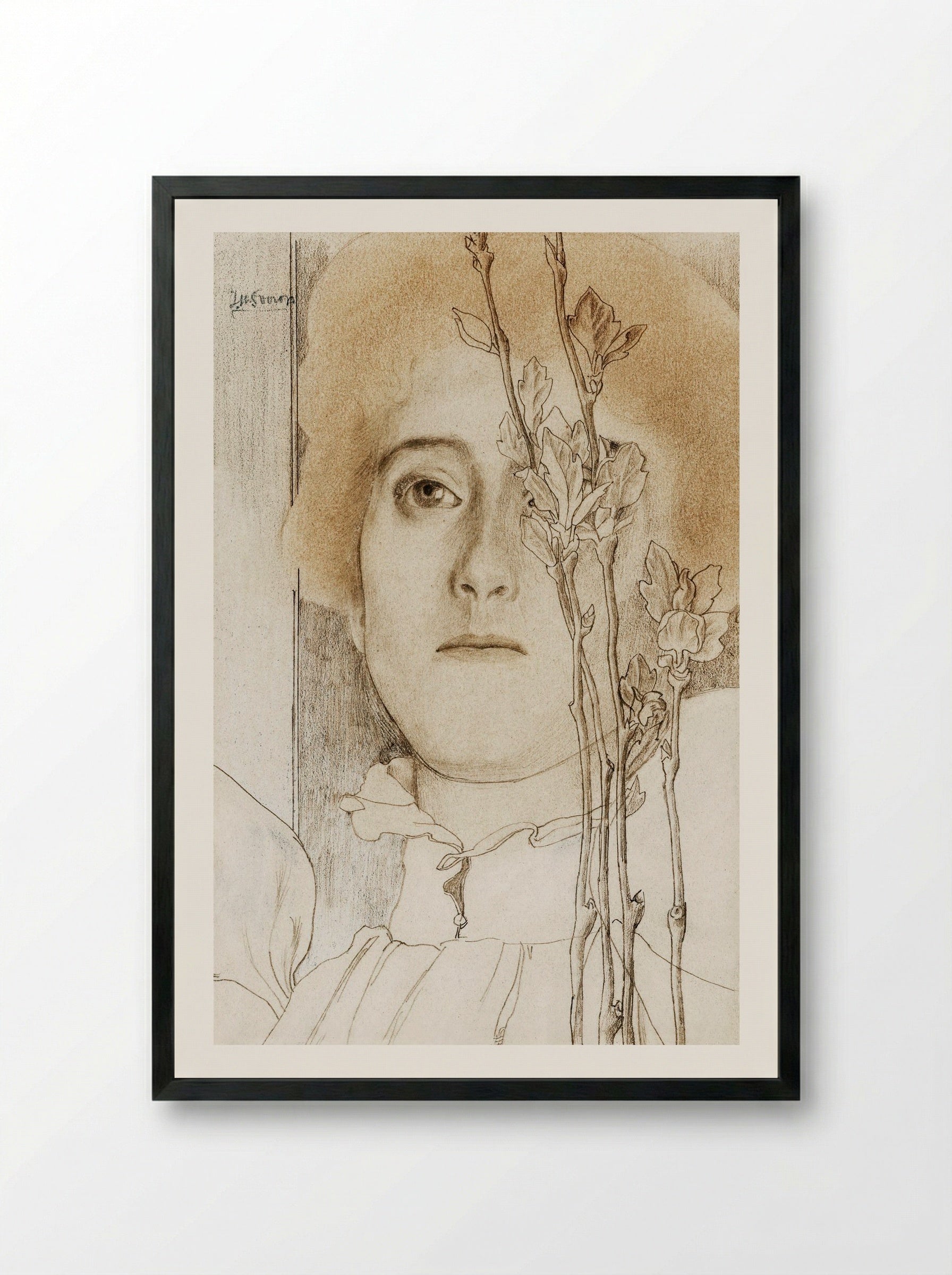 Portrait of an Unknown Woman with Flowering Branch - Jan Toorop - Framed Print Black