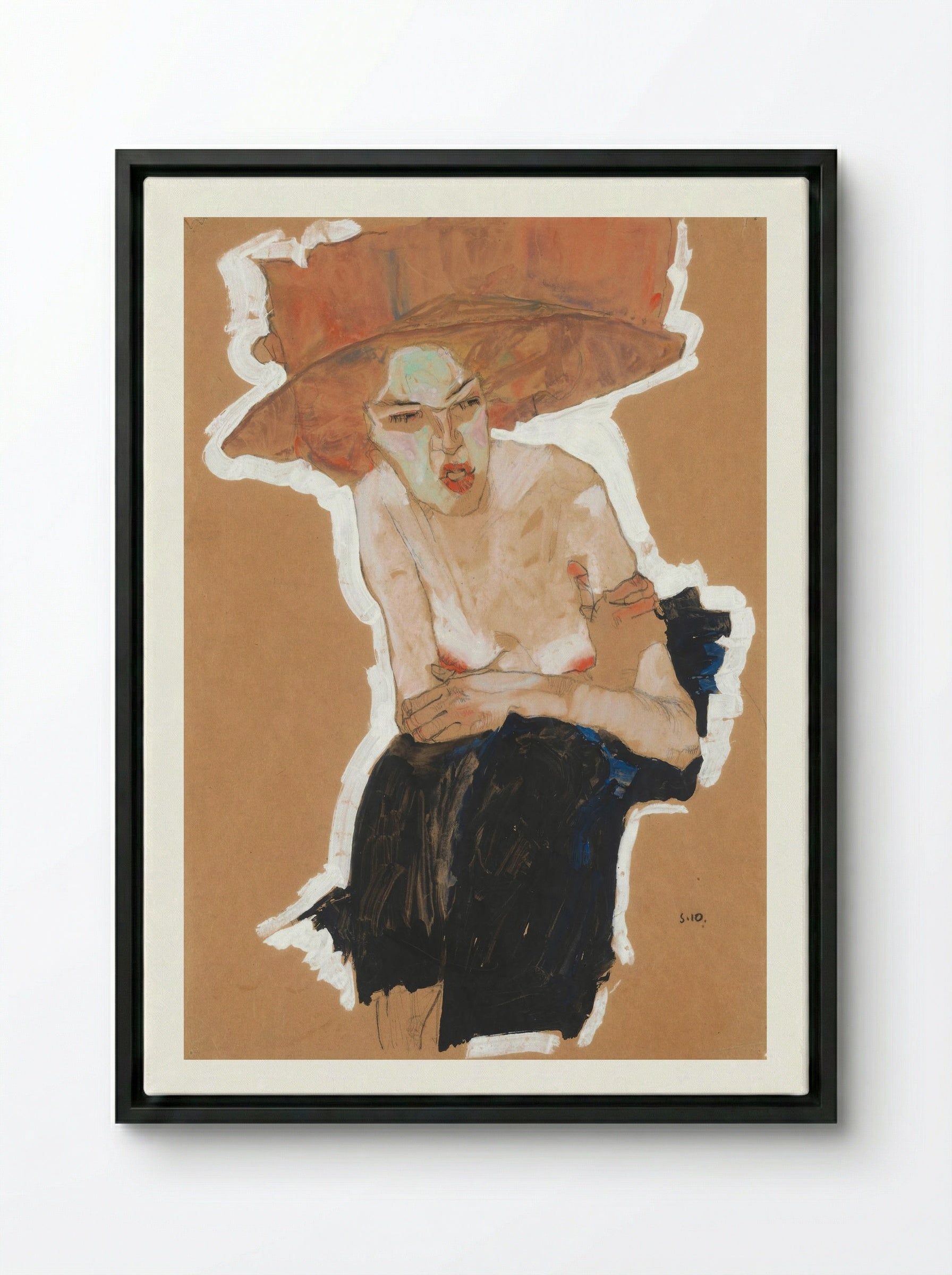 Die Heimische (Woman with Hat) - Egon Schiele - Framed Canvas Black