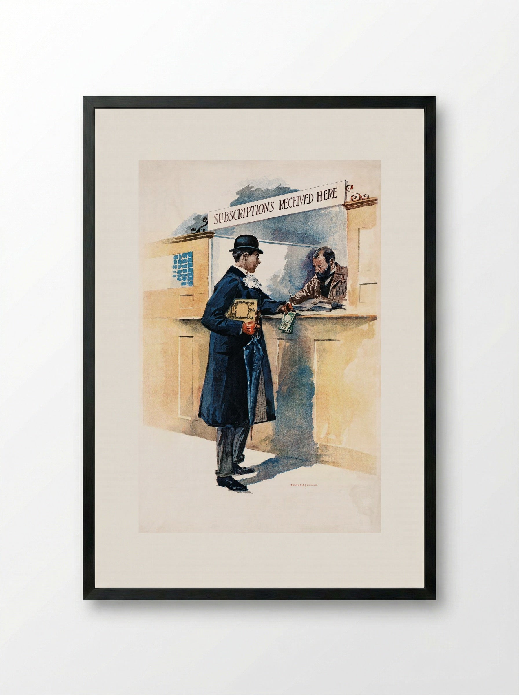 Man Getting Subscriptions - Edward Penfield - Framed Print Black