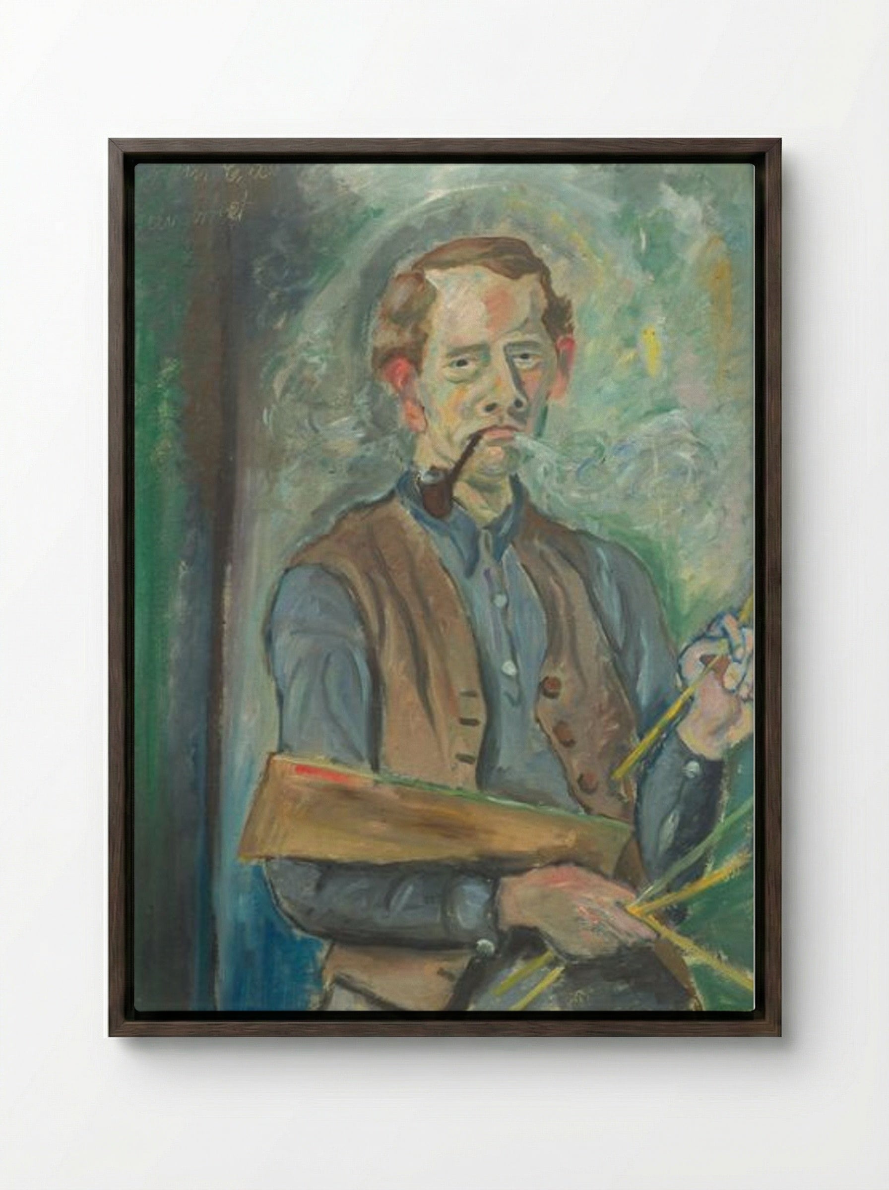 Self-Portrait with Pipe and Palette - John Christensen - Framed Canvas Dark Wood