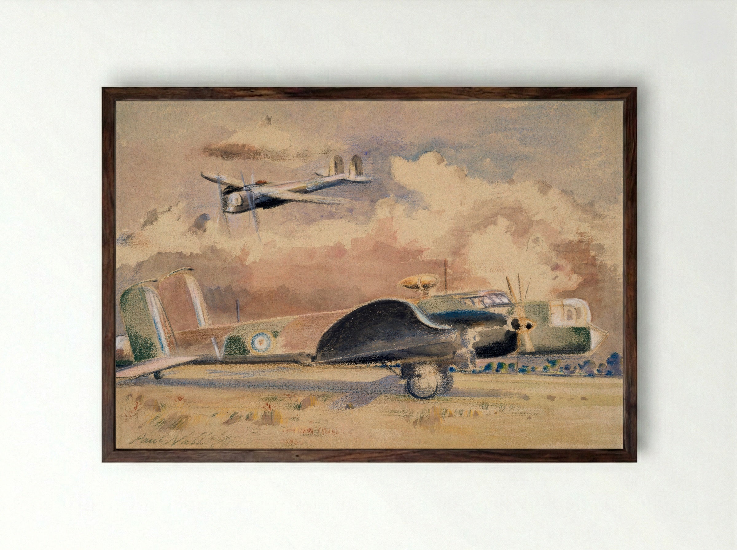 Whitley Bombers Sunning - Paul Nash - Framed Print Dark Wood