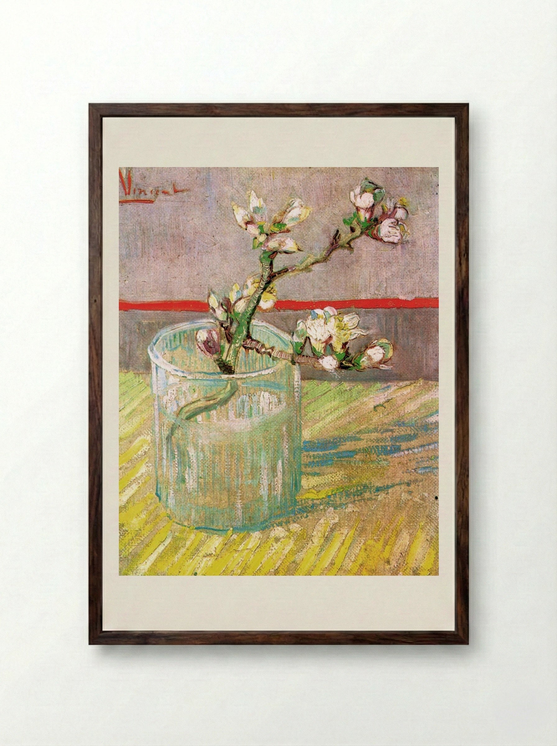Blossoming Almond Branch in a Glass - Vincent van Gogh - Framed Print Dark Wood