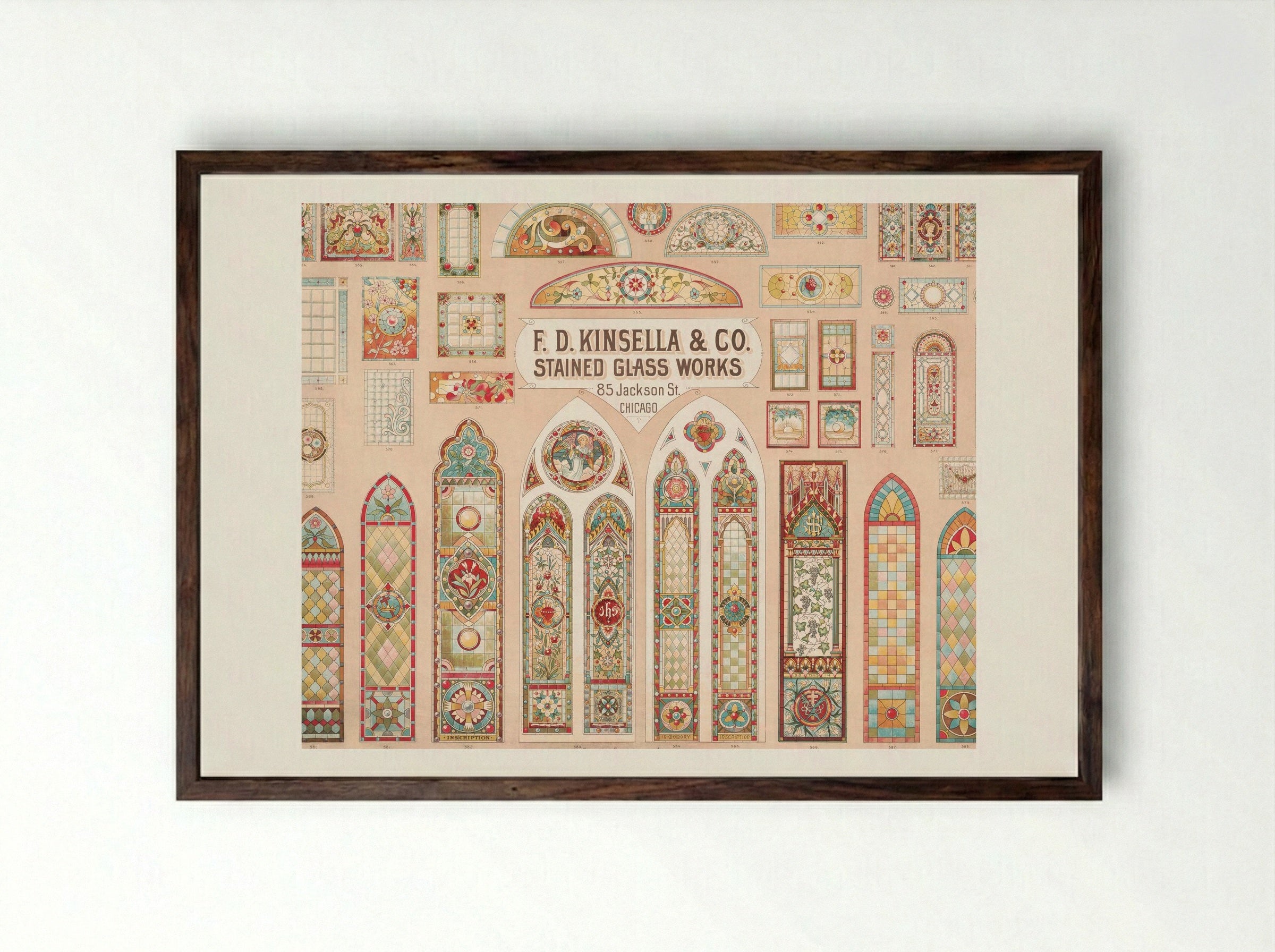 Stained Glass Works Designs - F. D. Kinsella & Co. - Framed Print Dark Wood