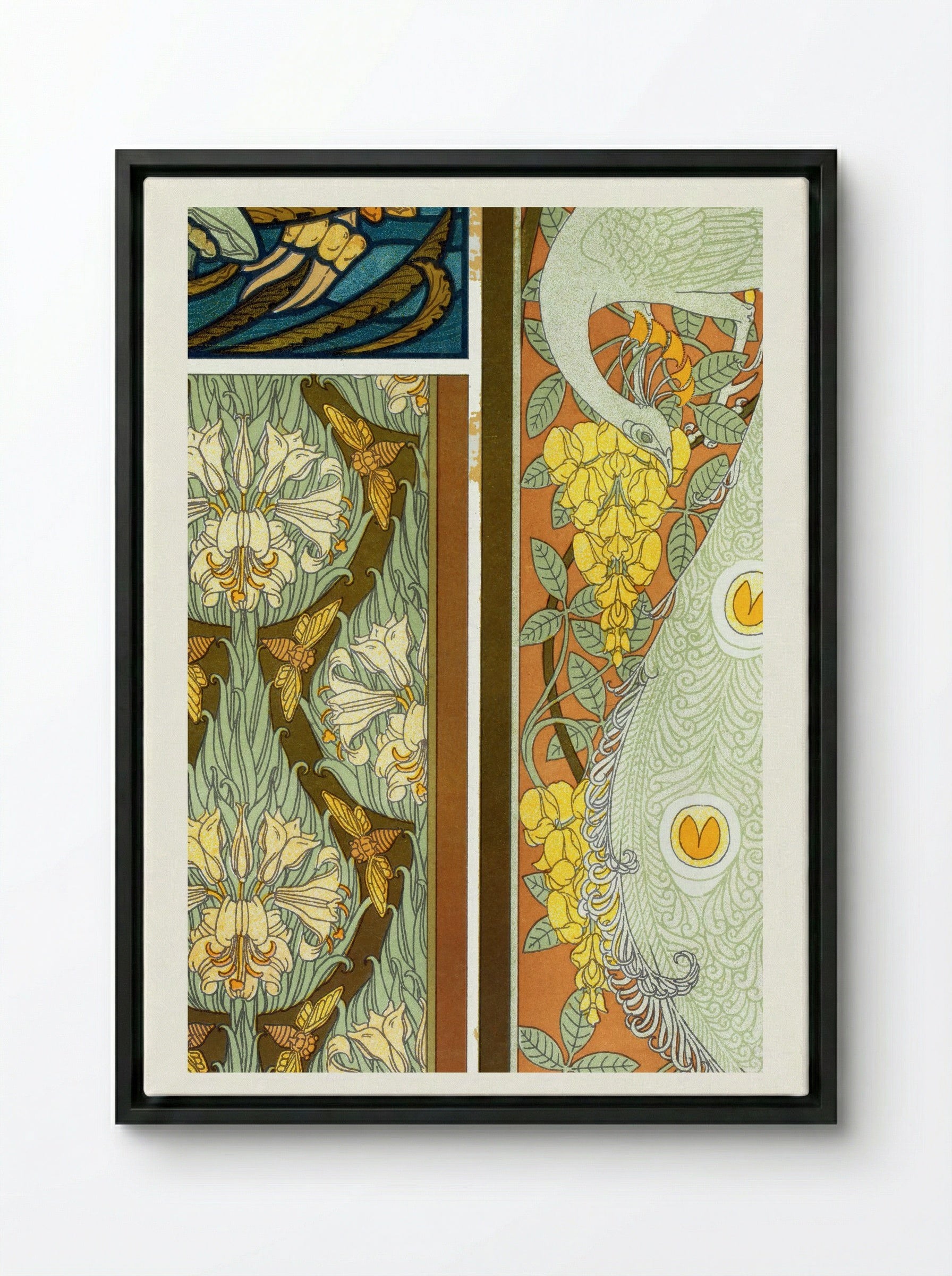 Meduses et Algues, Vitrail. Cigales et Lis, Paons et Cytise, Bordures (Plate 17 from L'animal dans la décoration) - Maurice Pillard Verneuil - Framed Canvas Black