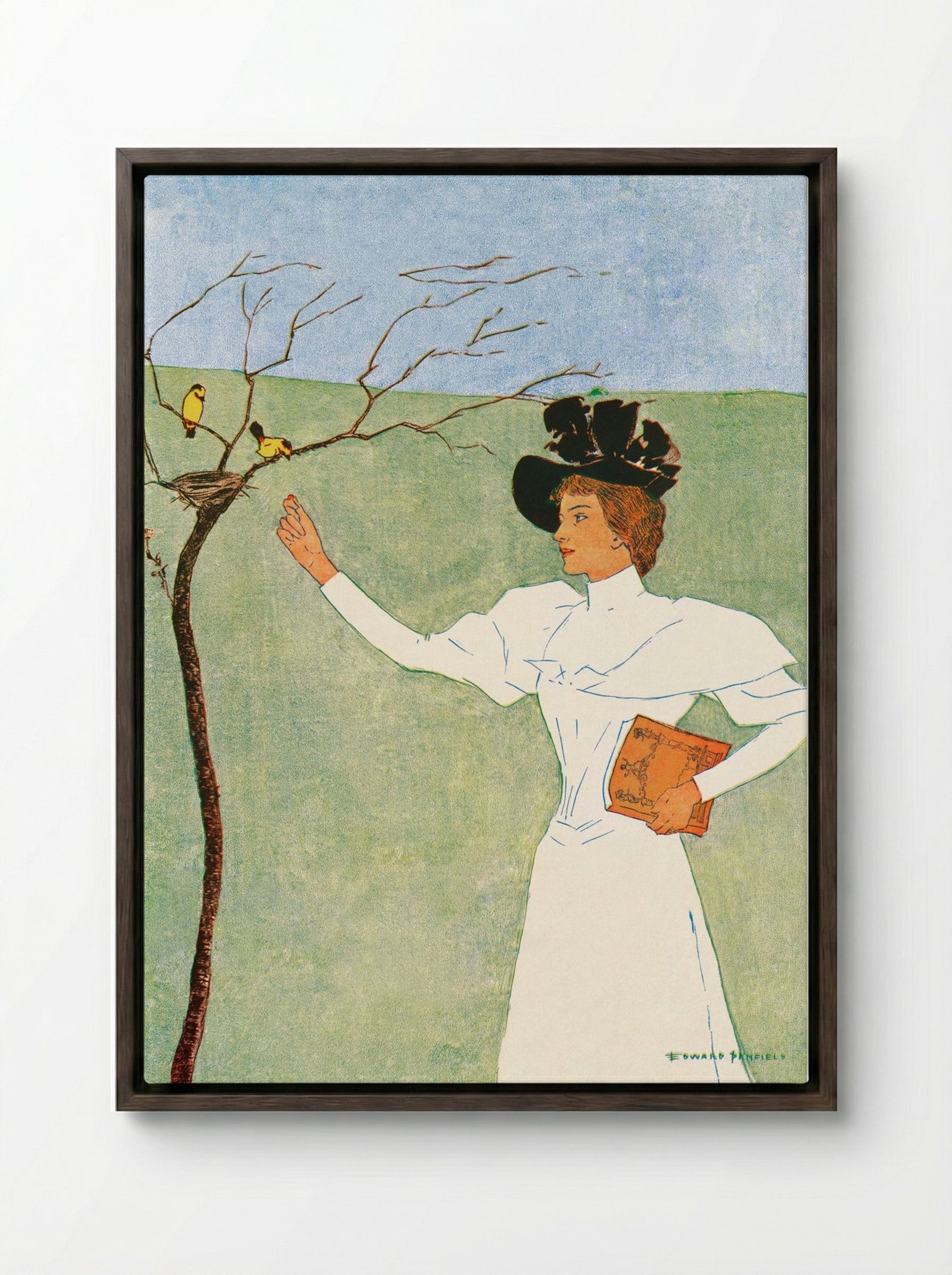 Woman Reaching for Birds - Edward Penfield - Framed Canvas Dark Wood