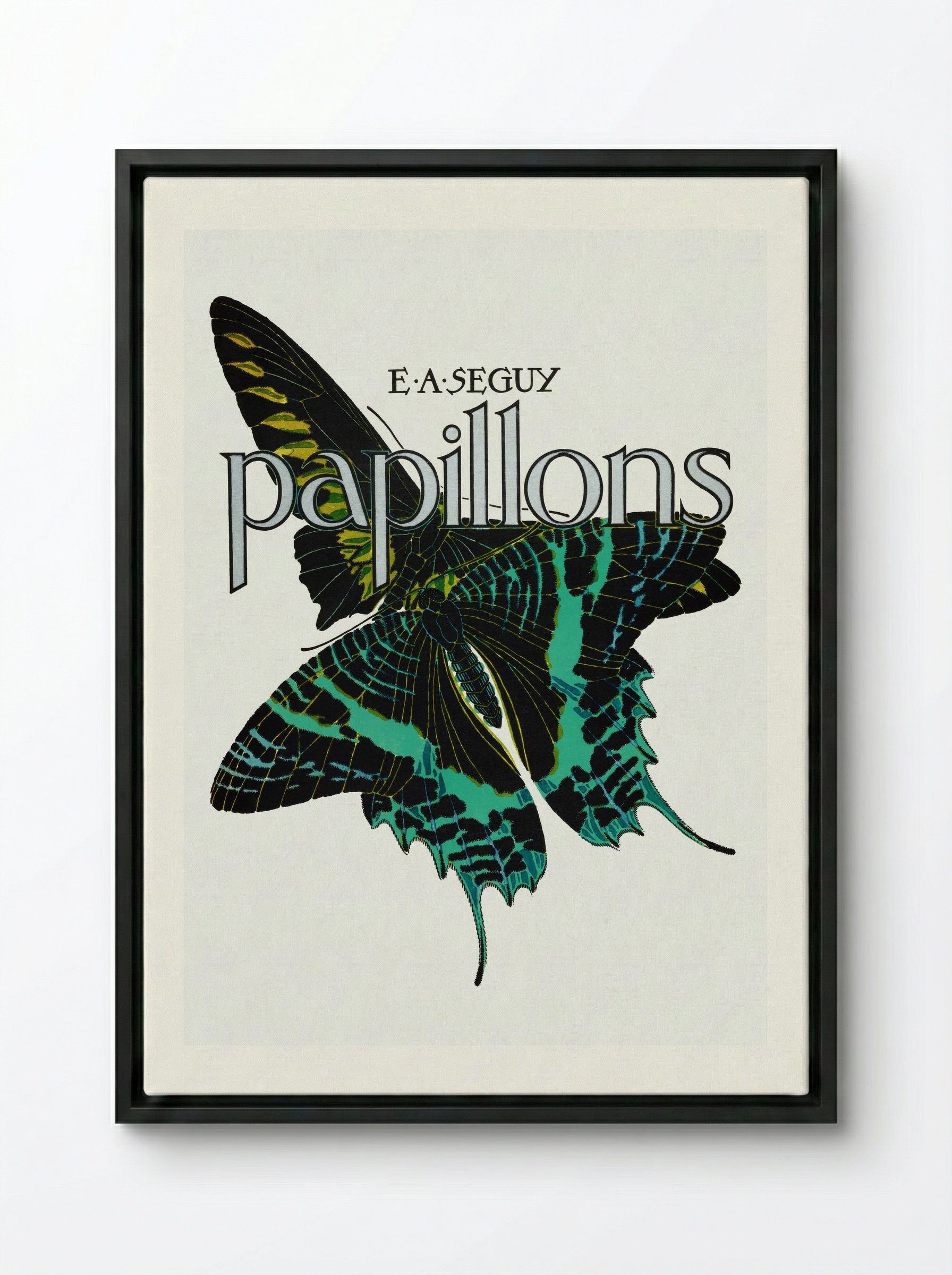 Papillons, Plate No. 1 (Teal and Black Butterfly) - Émile-Allain Séguy - Framed Canvas Black