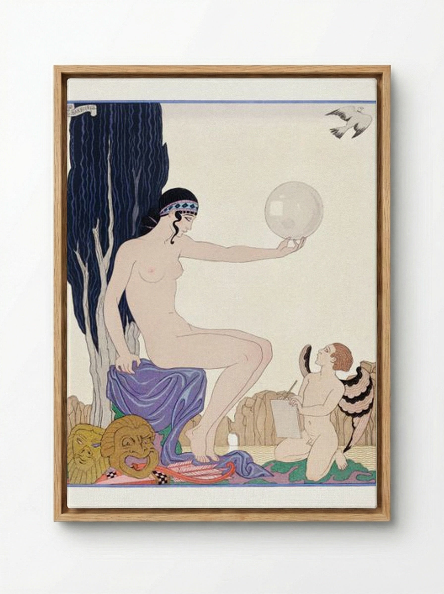 Seated Woman and Cherub - George Barbier - Framed Canvas Wood