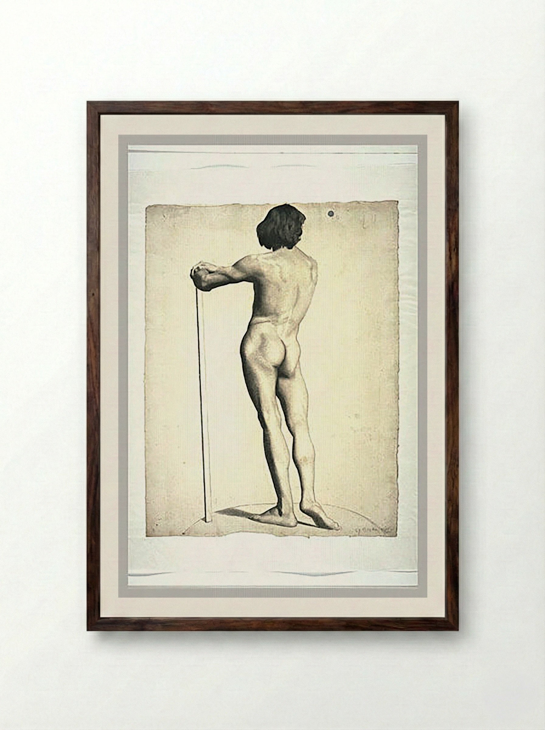 Study of a Male Nude, Rear View (Standing Figure with Staff) - Fine Art Print - Framed Print Dark Wood