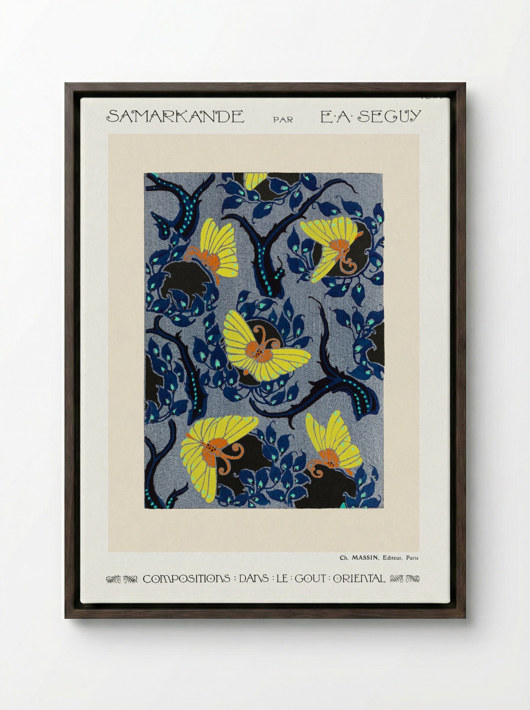 Samarkande, Plate No. 5 (Butterflies and Branches) - E. A. Séguy - Framed Canvas Dark Wood