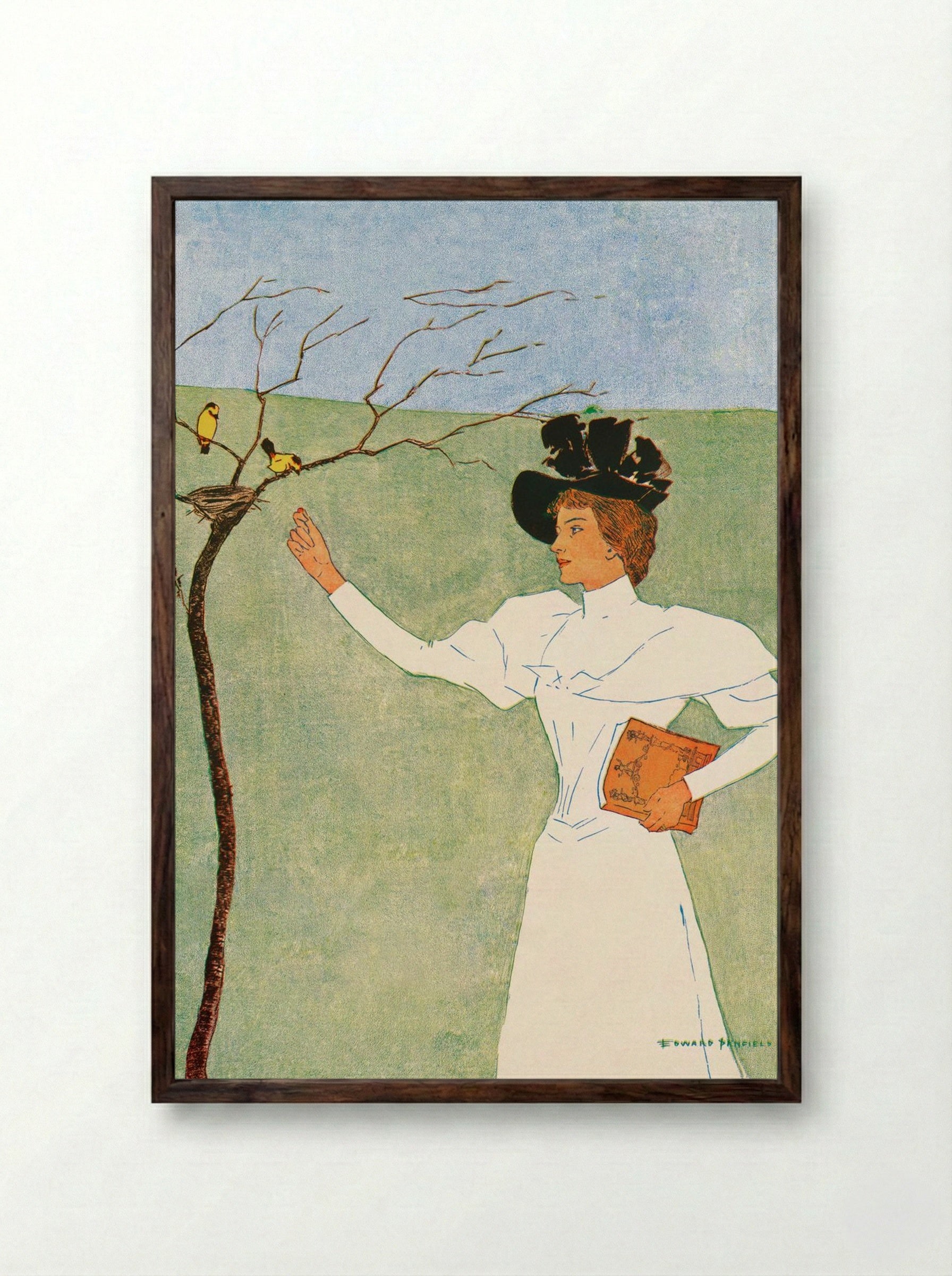 Woman Reaching for Birds - Edward Penfield - Framed Print Dark Wood