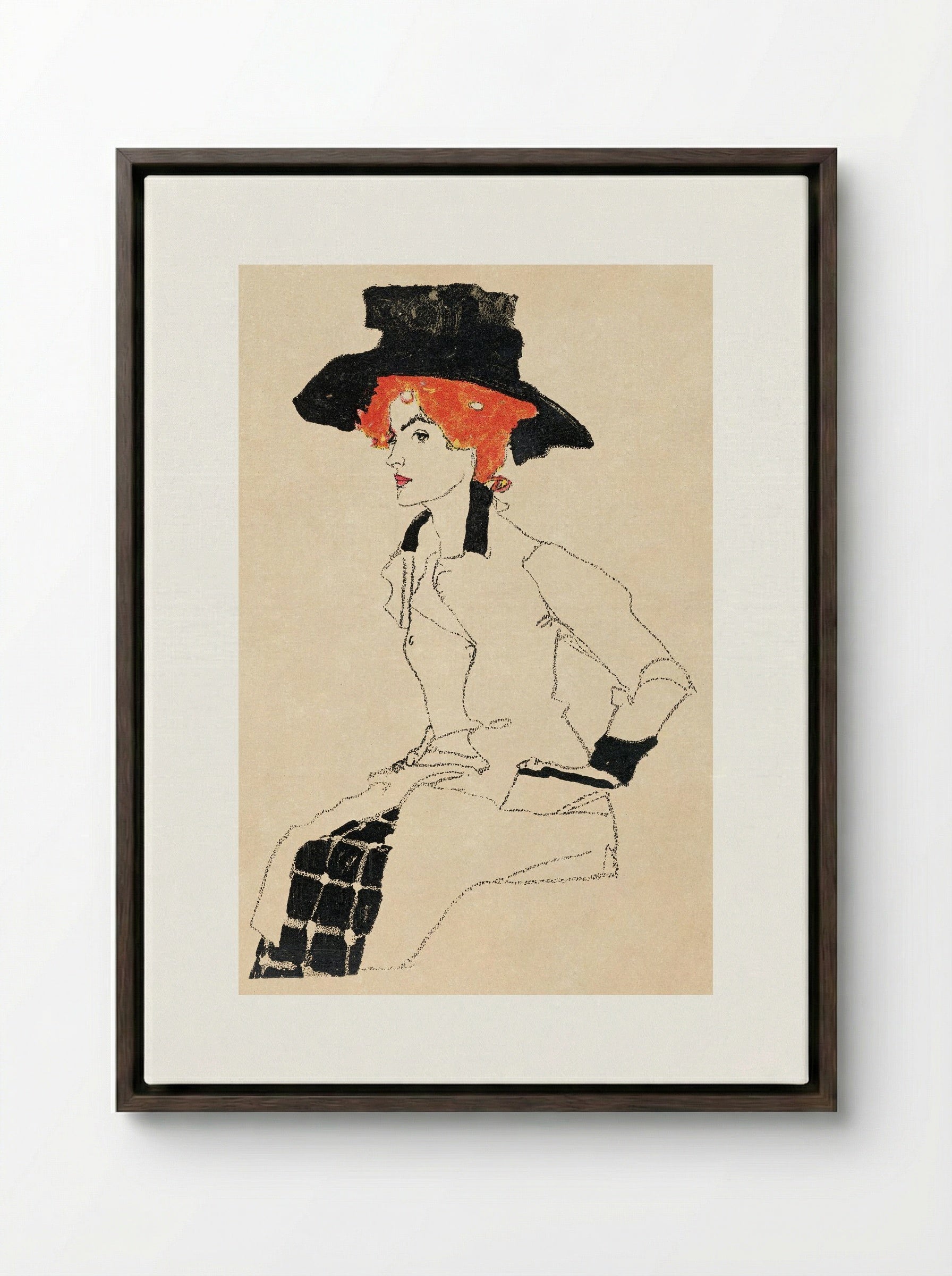 Portrait of a Woman - Egon Schiele - Framed Canvas Dark Wood