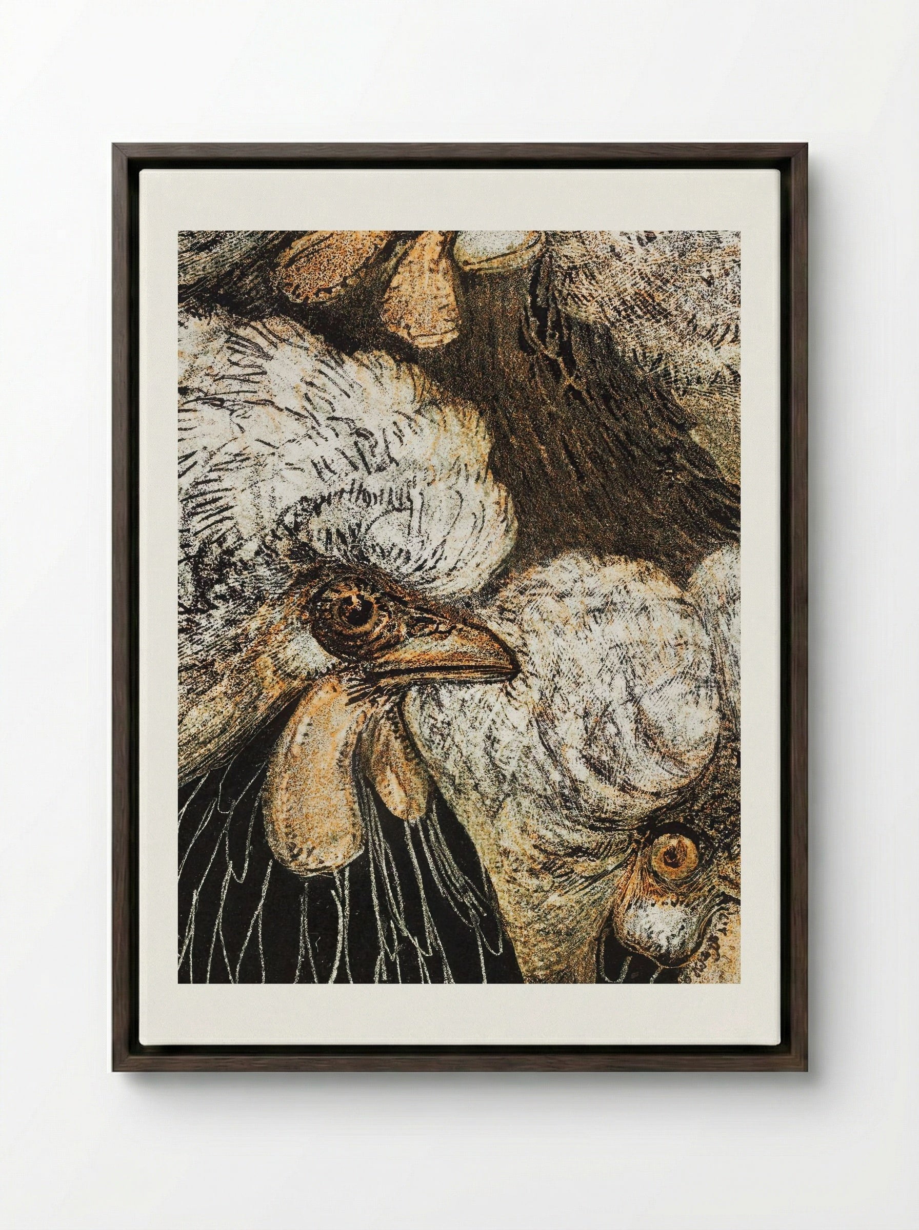 Drie kuifkippen (Three Crested Chickens) - Theo van Hoytema - Framed Canvas Dark Wood
