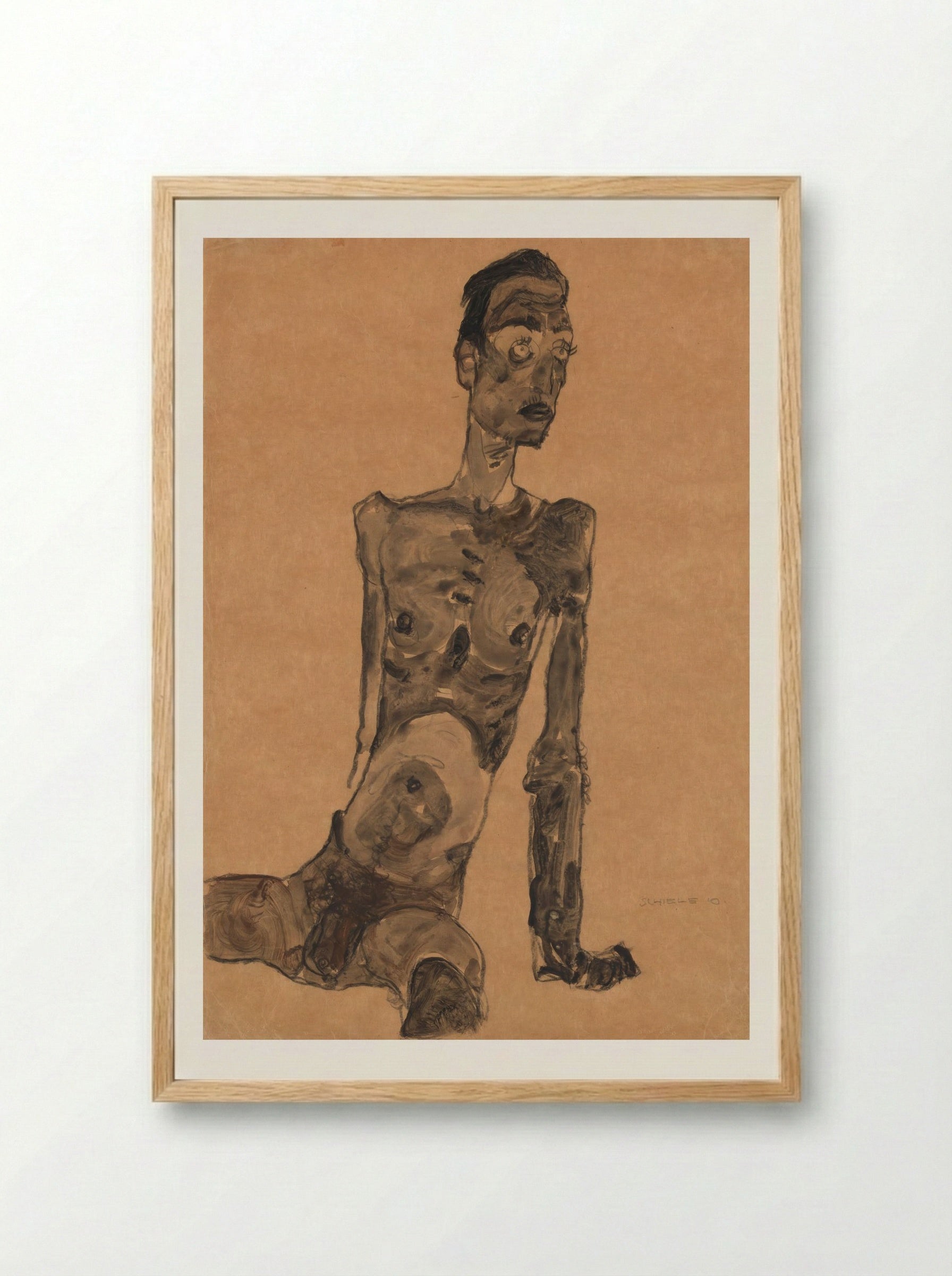 Seated Male Nude - Egon Schiele - Framed Print Wood