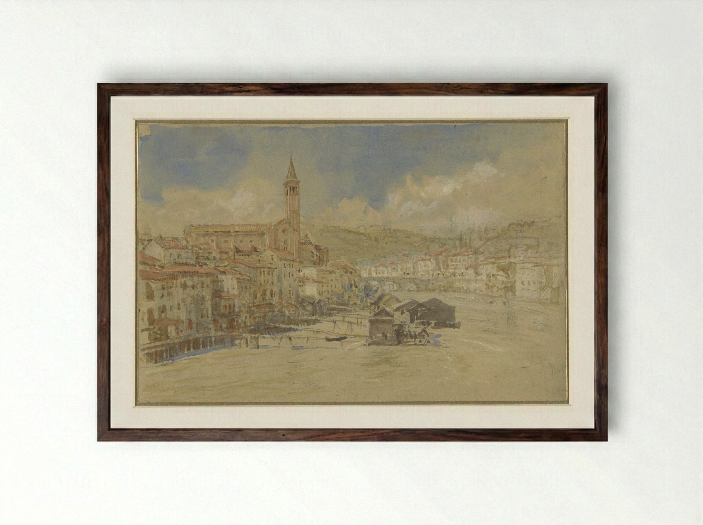 Gezicht op S. Anastasia te Verona, over de Adige - John Ruskin - Framed Print Dark Wood