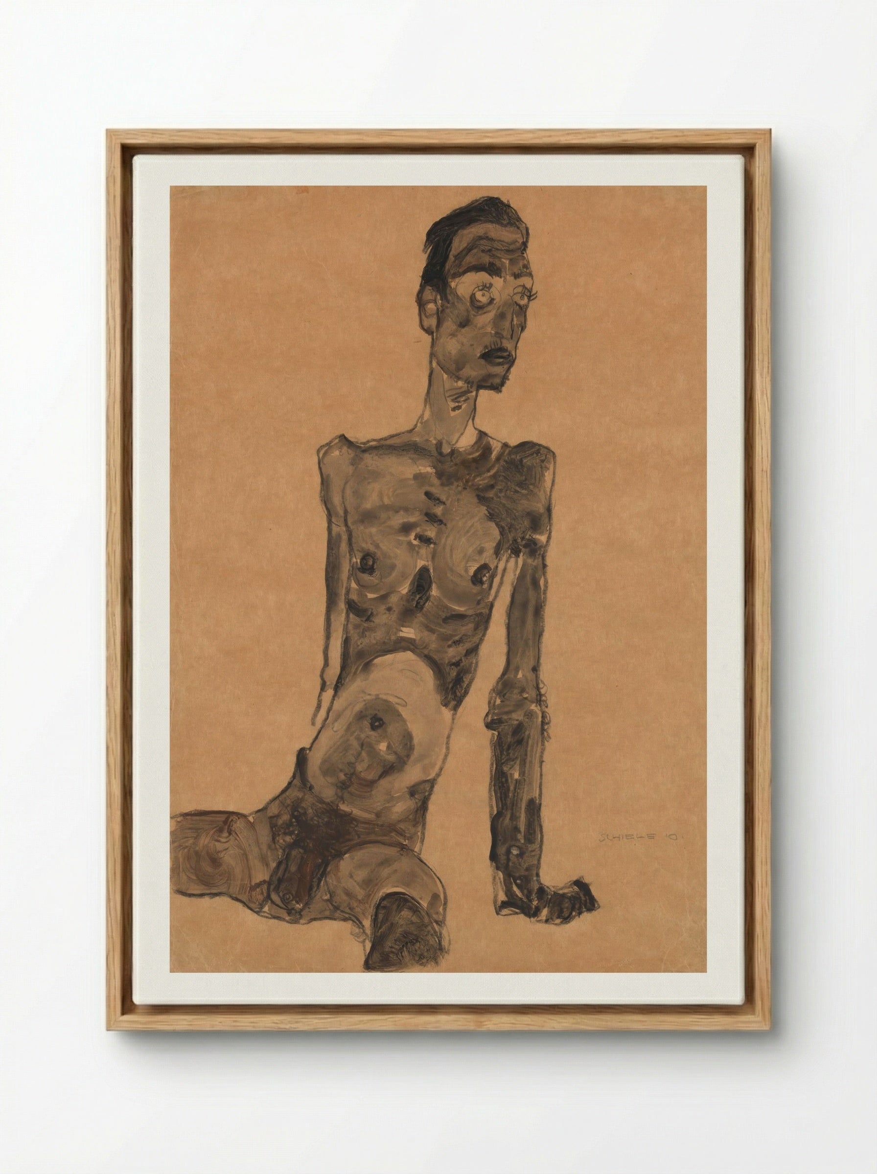 Seated Male Nude - Egon Schiele - Framed Canvas Wood
