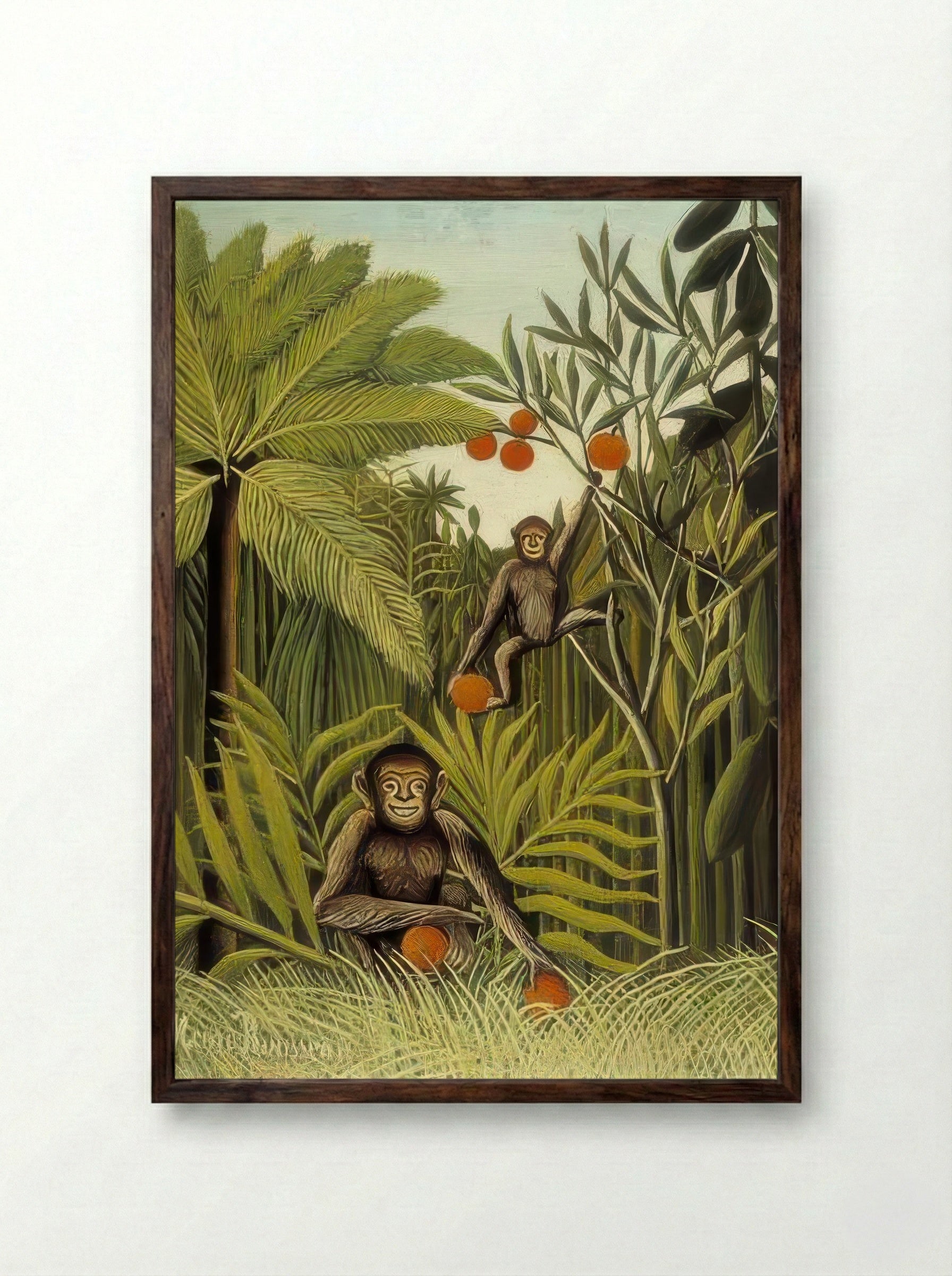 The Monkeys in the Jungle by Henri Rousseau – Naïve Art Tropical Wildlife Print - Framed Print Dark Wood