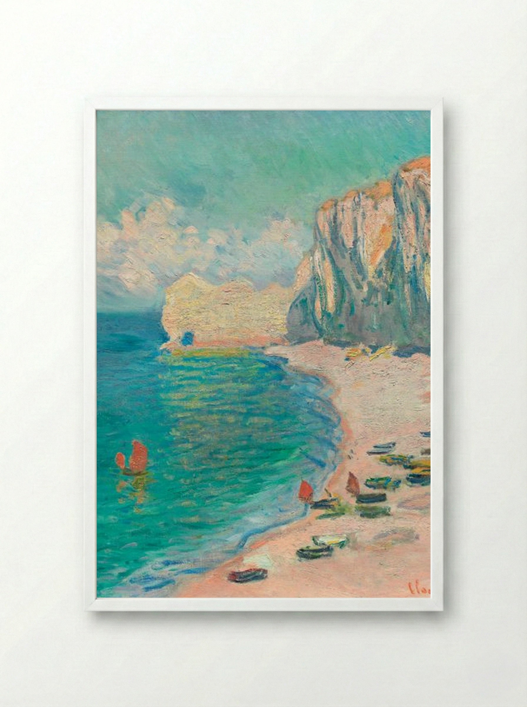 The Beach and the Falaise d'Amont - Claude Monet - Framed Print White