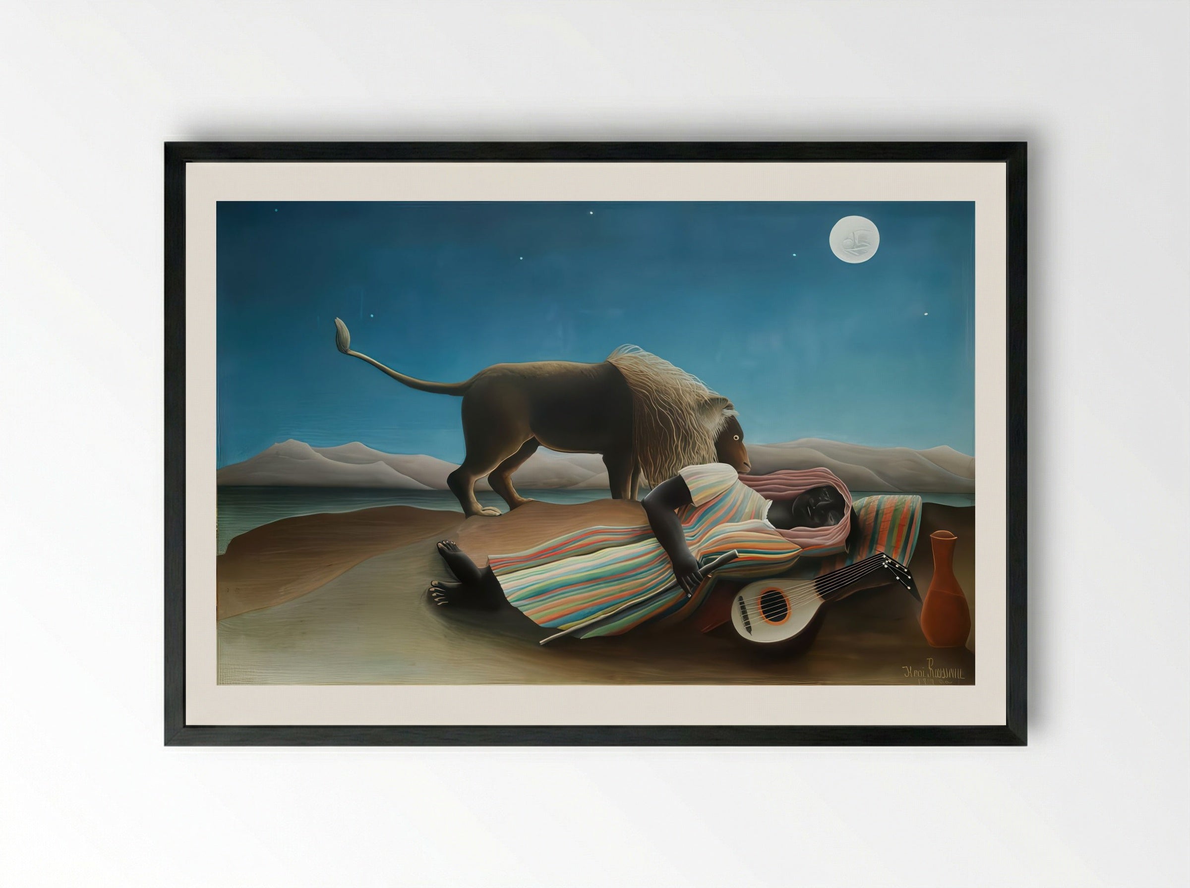 The Sleeping Gypsy by Henri Rousseau – Naïve Art Surreal Desert Scene Print - Framed Print Black
