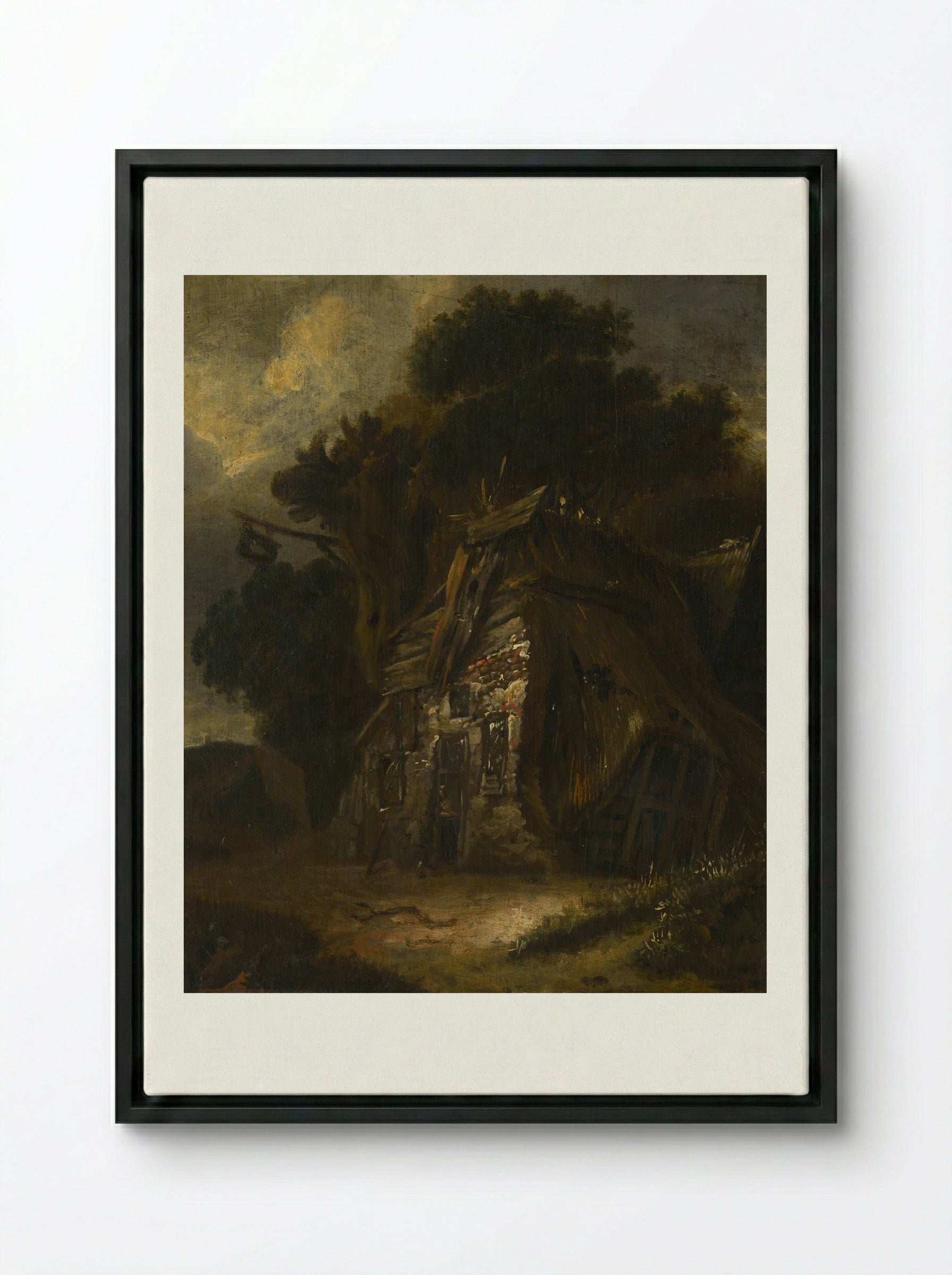 Thatched Hut in Landscape - Fine Art Print - Framed Canvas Black