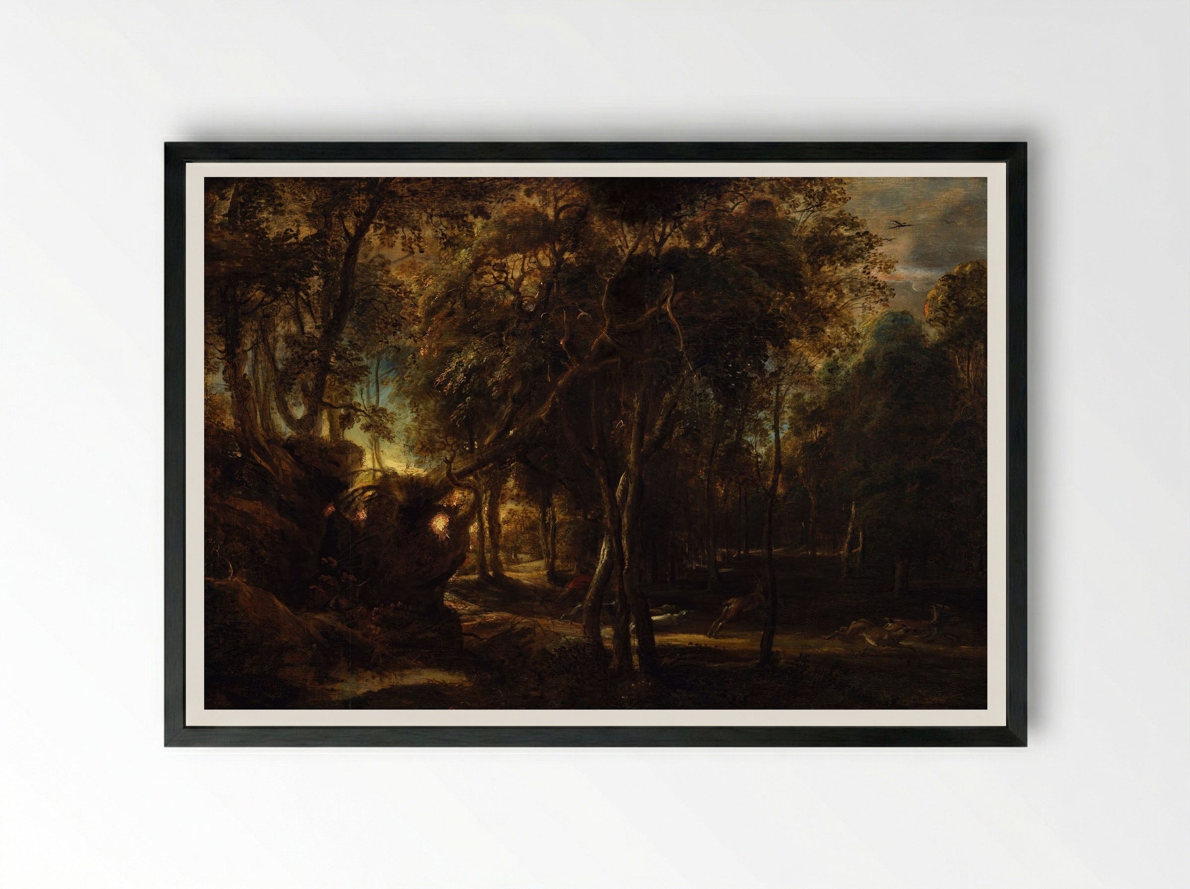A Forest at Dawn with a Deer Hunt - Peter Paul Rubens - Framed Print Black