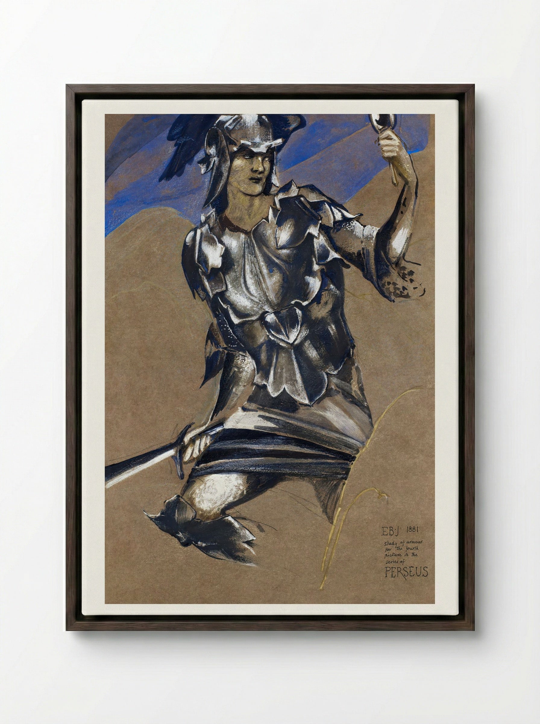 Study of Perseus in Armour for 'The Finding of Medusa' - Edward Burne-Jones - Framed Canvas Dark Wood
