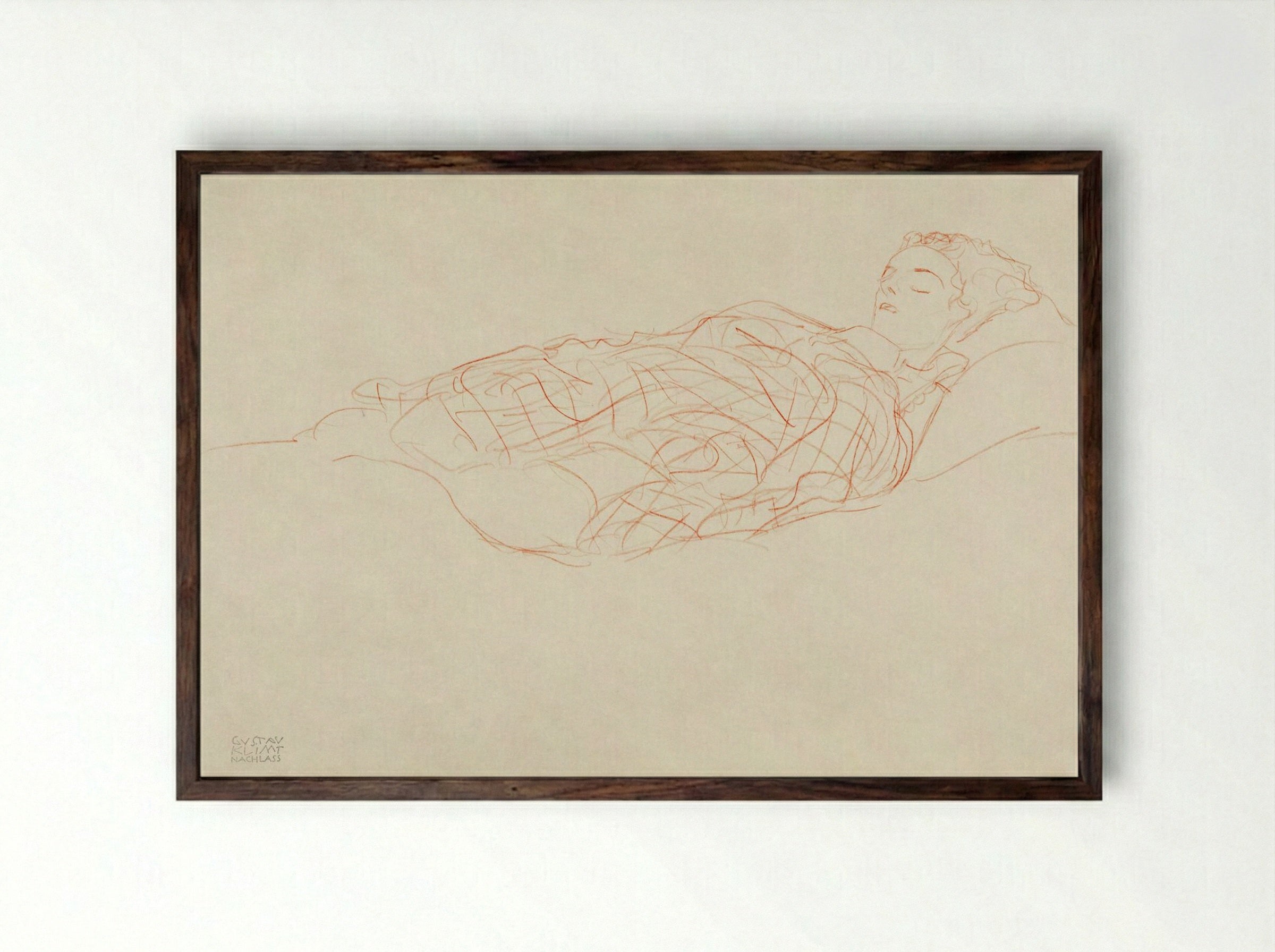 Study of a Woman Wrapped in a Plaid, Resting - Gustav Klimt - Framed Print Dark Wood