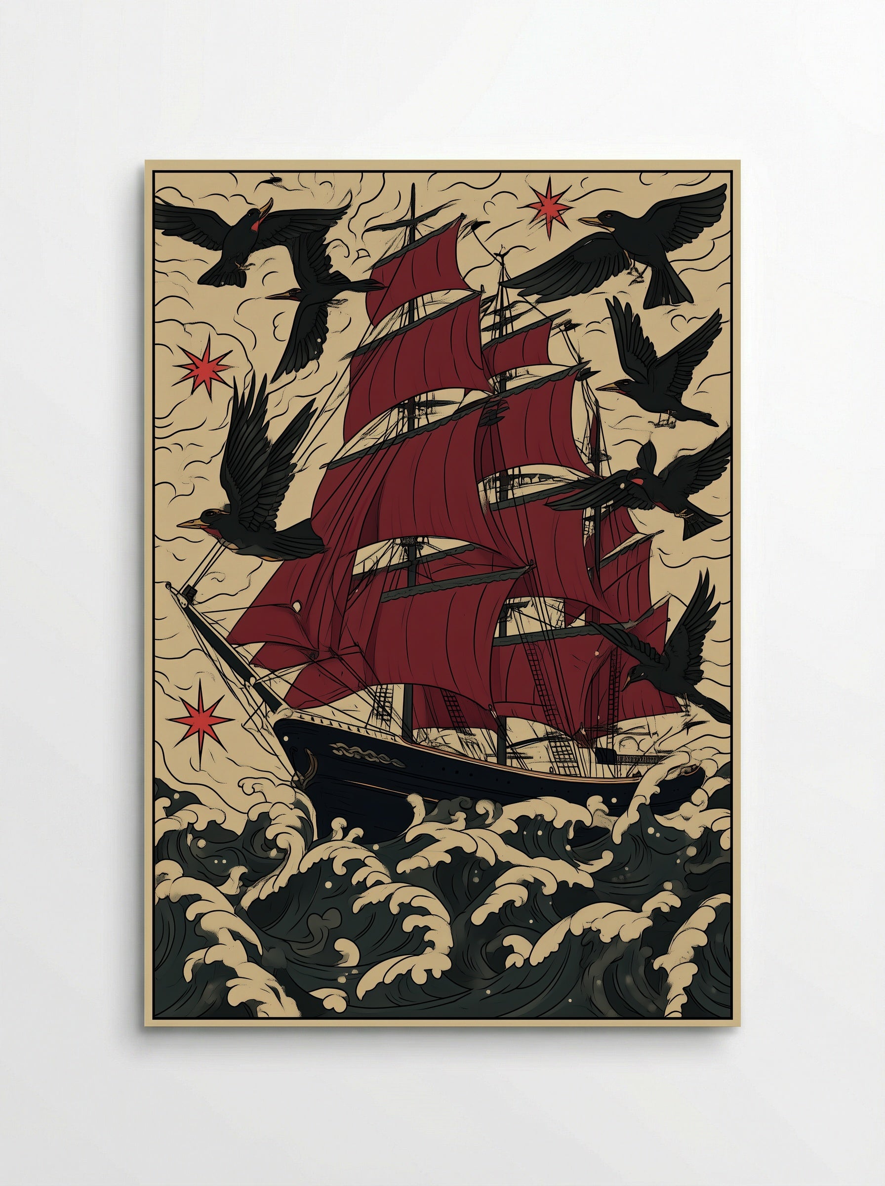 Tall Ship in Stormy Seas - Nautical Tattoo Inspired Print - Poster
