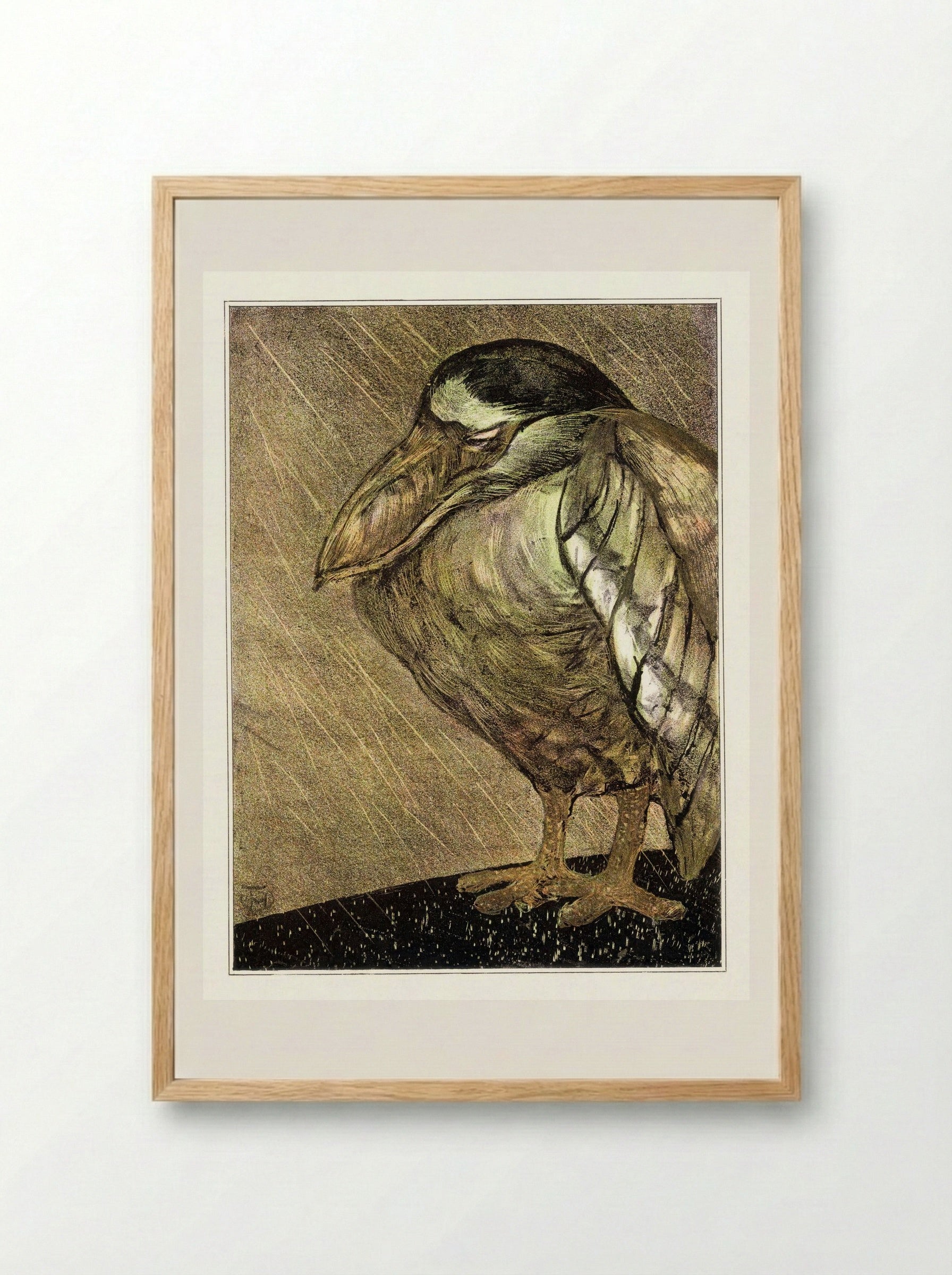 Schuitbekreiger in de regen (Night Heron in the Rain) - Theodorus van Hoytema - Framed Print Wood
