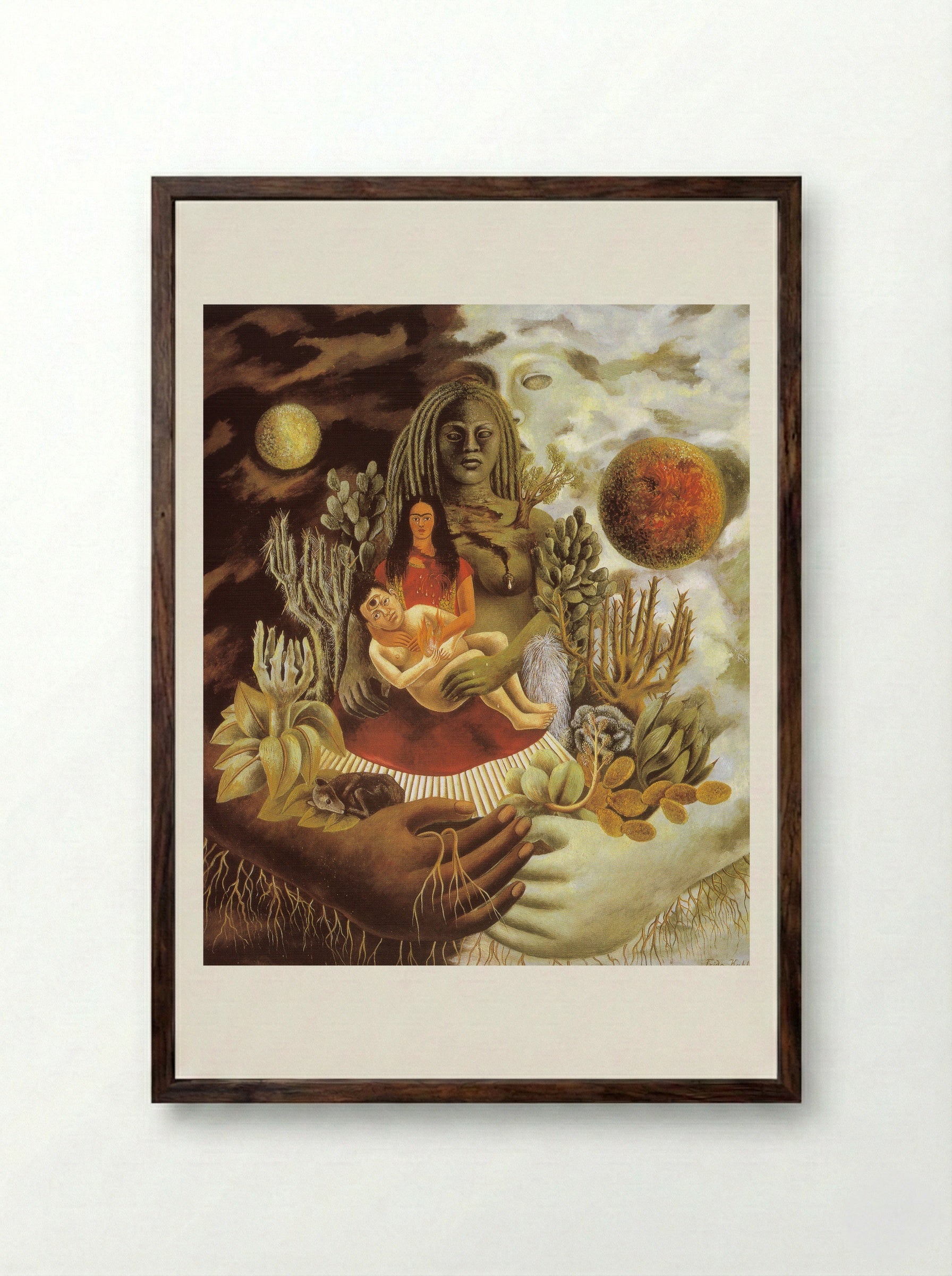 The Love Embrace of the Universe, the Earth (Mexico), Myself, Diego and Señor Xólotl - Frida Kahlo - Framed Print Dark Wood