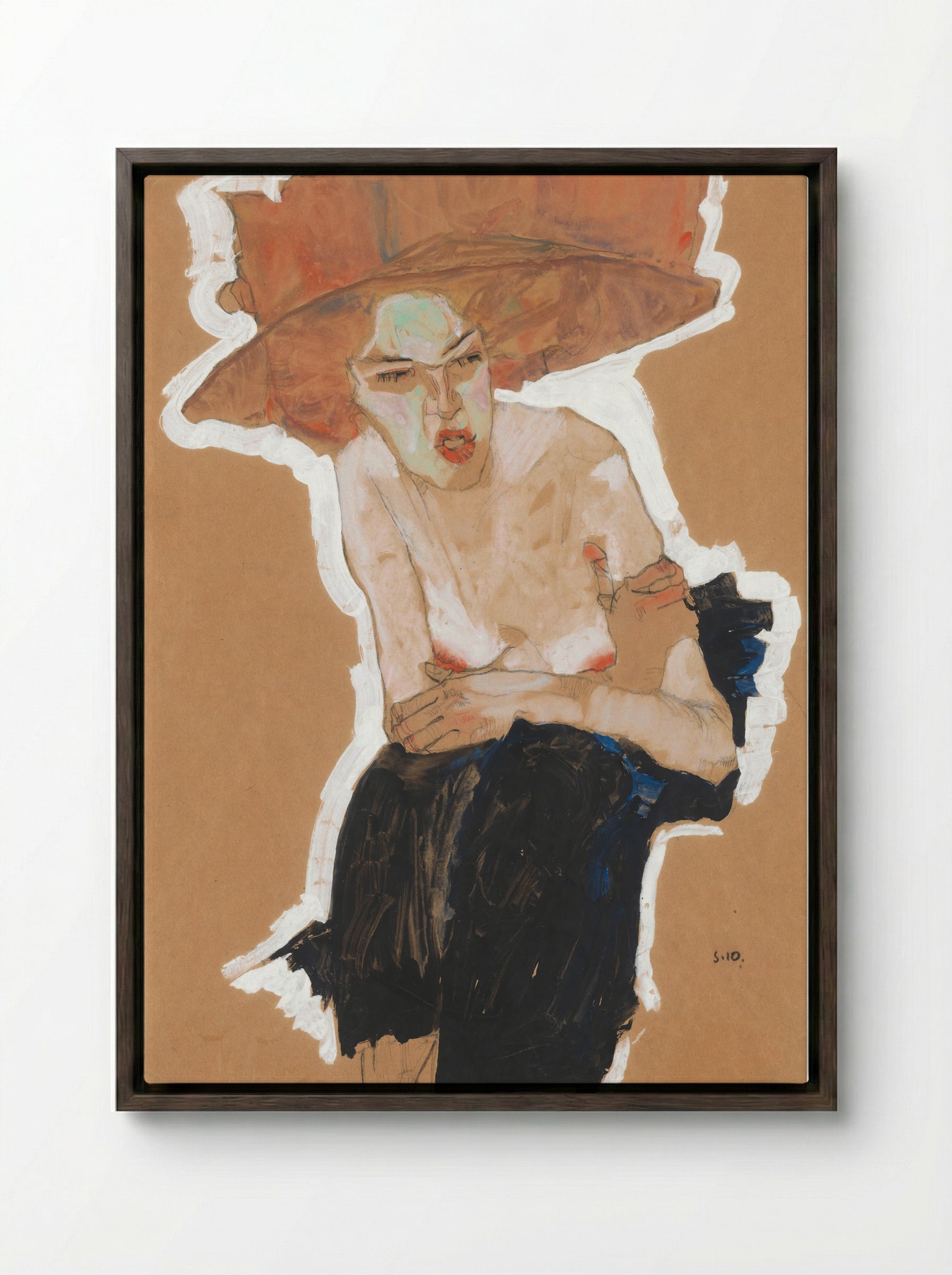 Die Heimische (Woman with Hat) - Egon Schiele - Framed Canvas Dark Wood