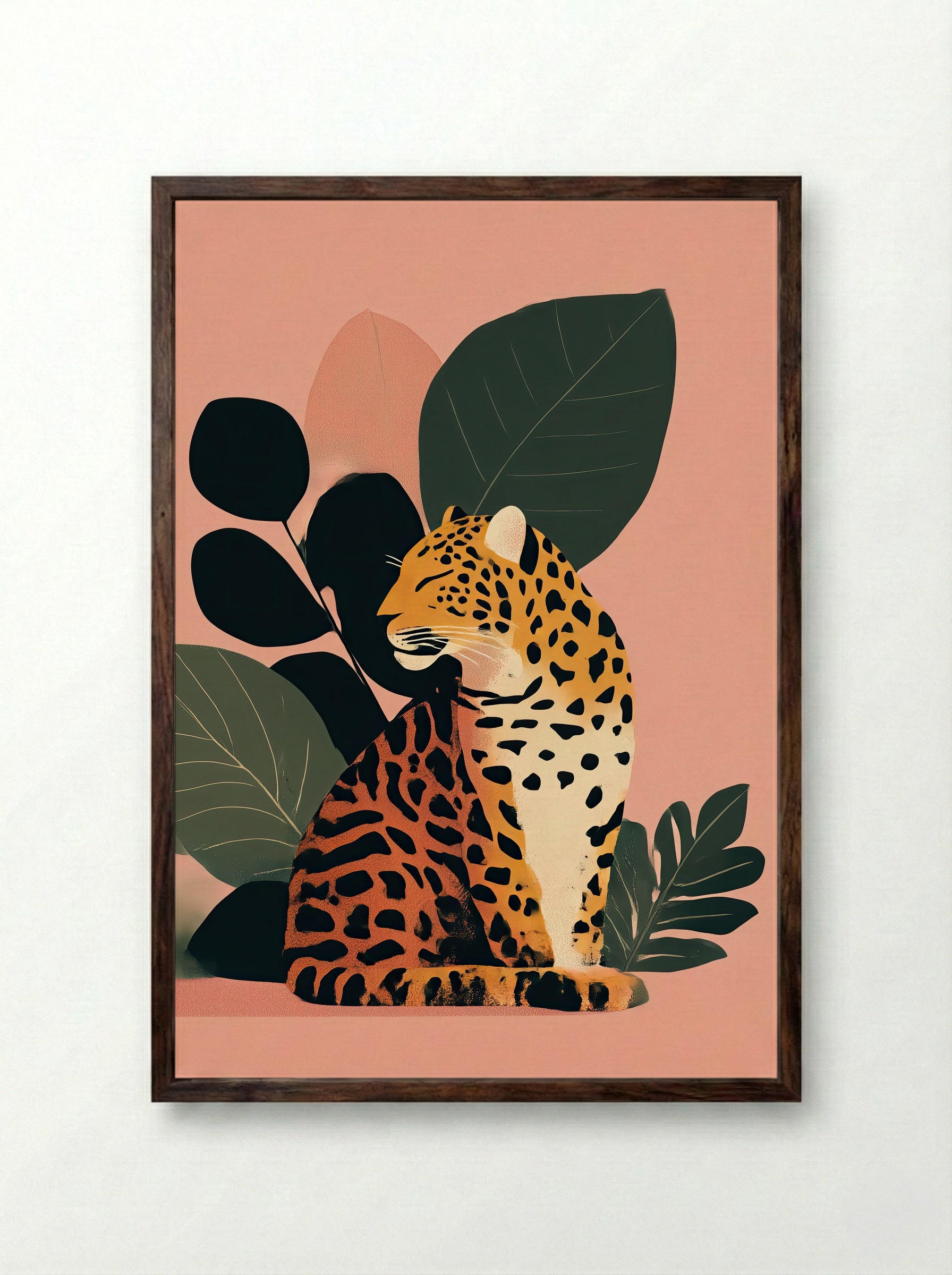 Still Jungle Leopard Minimalist Art Print - Framed Print Dark Wood